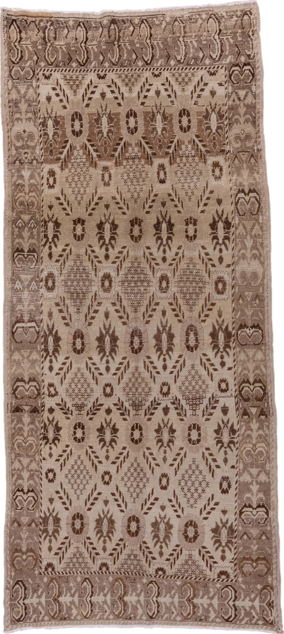 4' x 9' one-of-a-kind handmade vintage Oushak runner rug. Color palette: ivory, taupe, brown, beige, gray