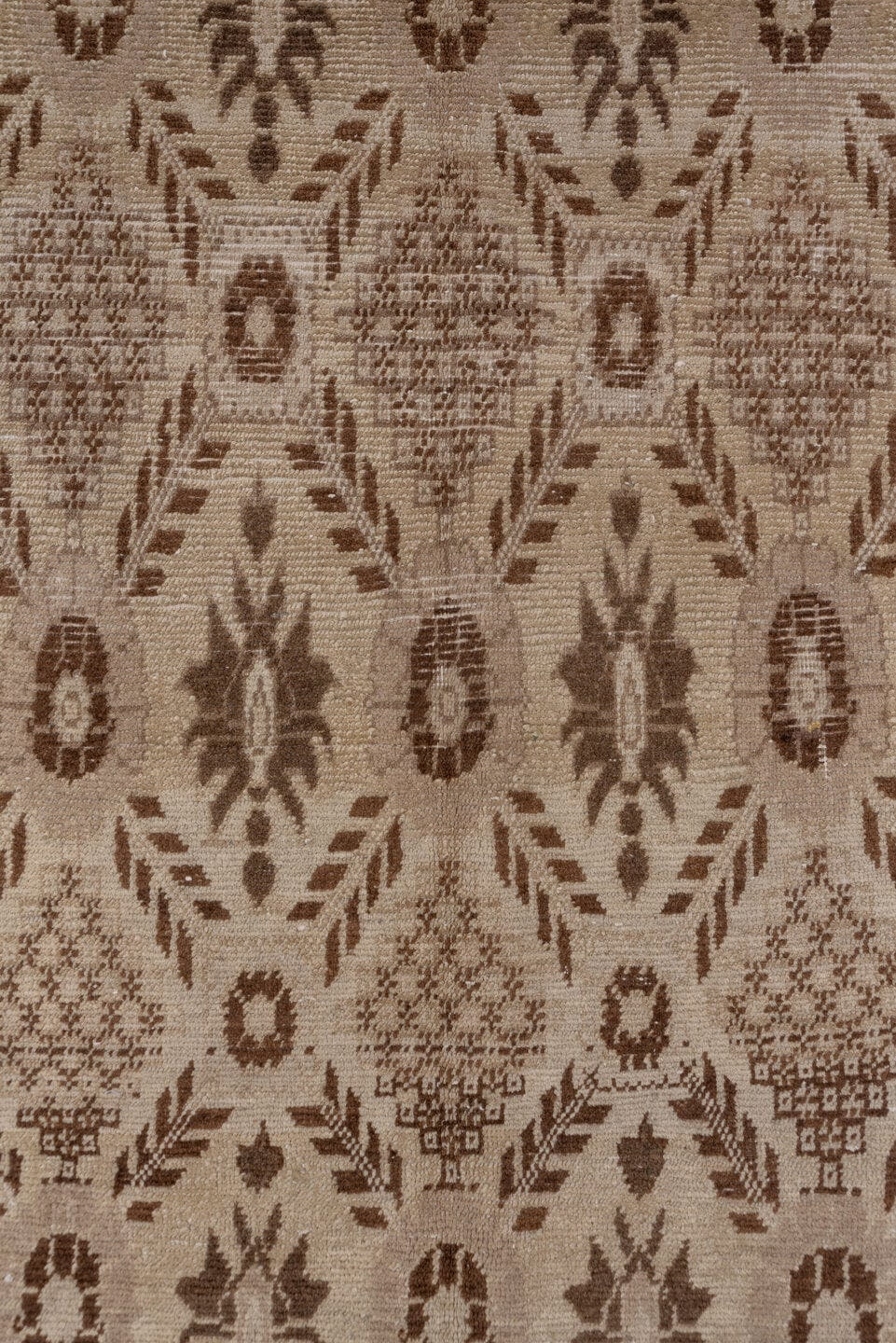 4' x 9' one-of-a-kind handmade vintage Oushak runner rug. Color palette: ivory, taupe, brown, beige, gray