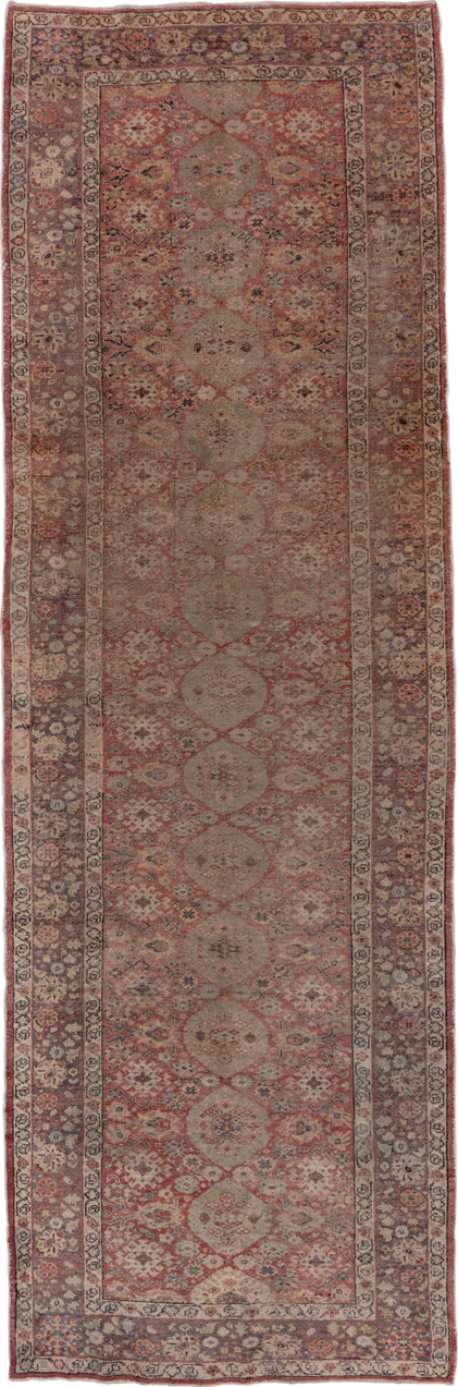 4' x 12' one-of-a-kind handmade vintage Oushak runner rug. Color palette: rose, ivory, dusty blue, taupe, rust, slate, beige