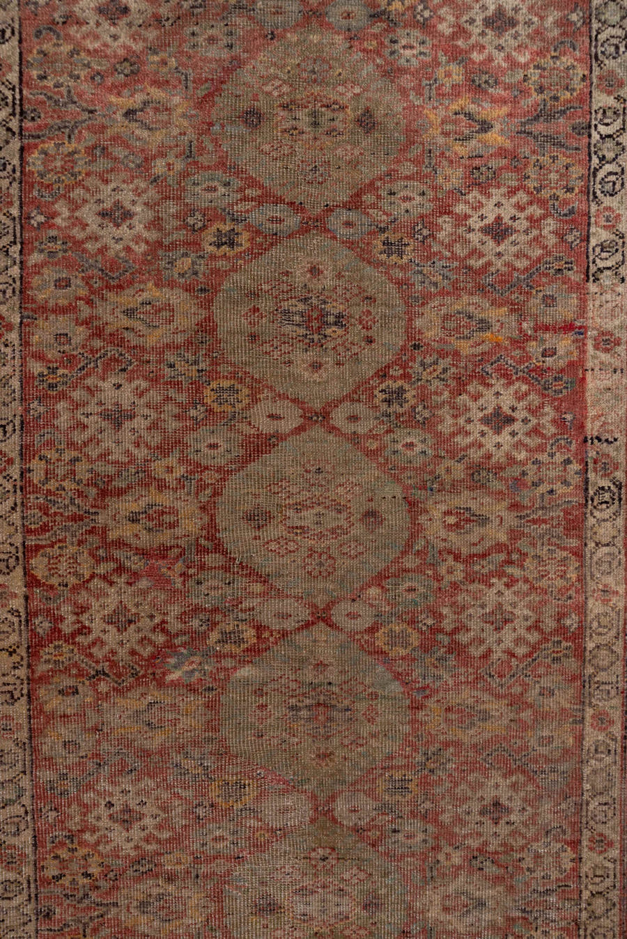 4' x 12' one-of-a-kind handmade vintage Oushak runner rug. Color palette: rose, ivory, dusty blue, taupe, rust, slate, beige