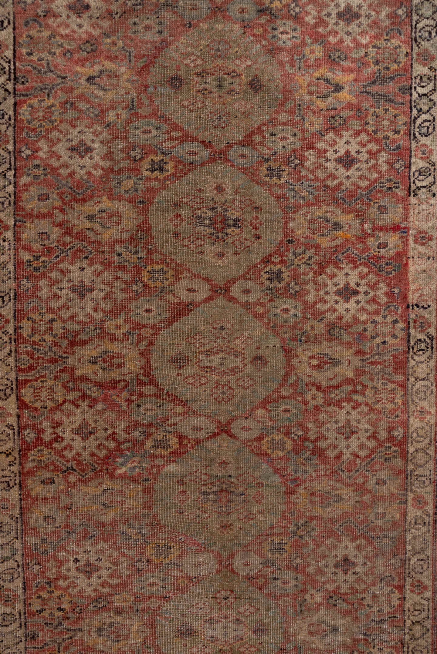 4' x 12' one-of-a-kind handmade vintage Oushak runner rug. Color palette: rose, ivory, dusty blue, taupe, rust, slate, beige