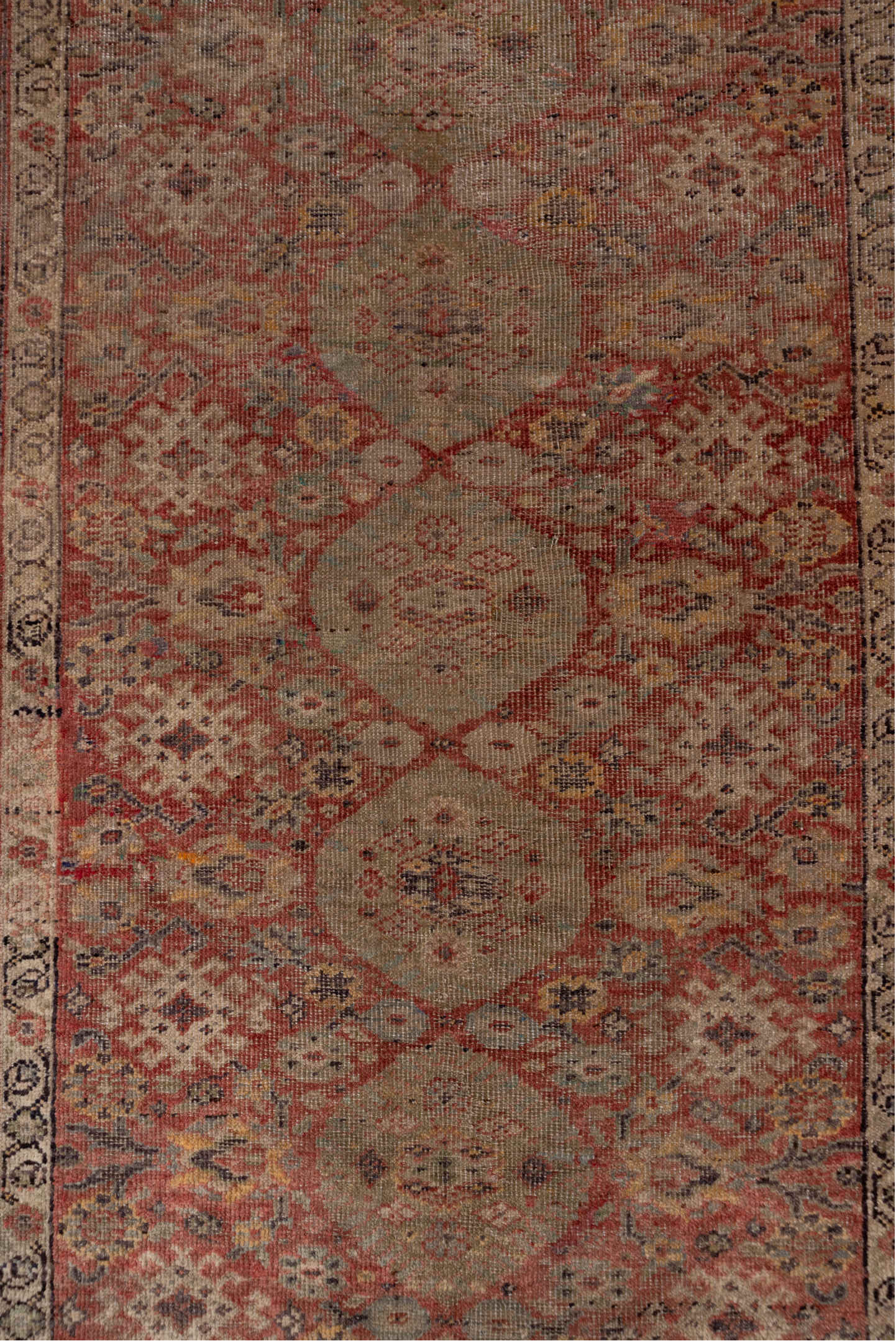 4' x 12' one-of-a-kind handmade vintage Oushak runner rug. Color palette: rose, ivory, dusty blue, taupe, rust, slate, beige