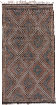6' x 11' one-of-a-kind handmade vintage Jijim large size rug. Color palette: brown, rust, slate, ivory, charcoal, blue