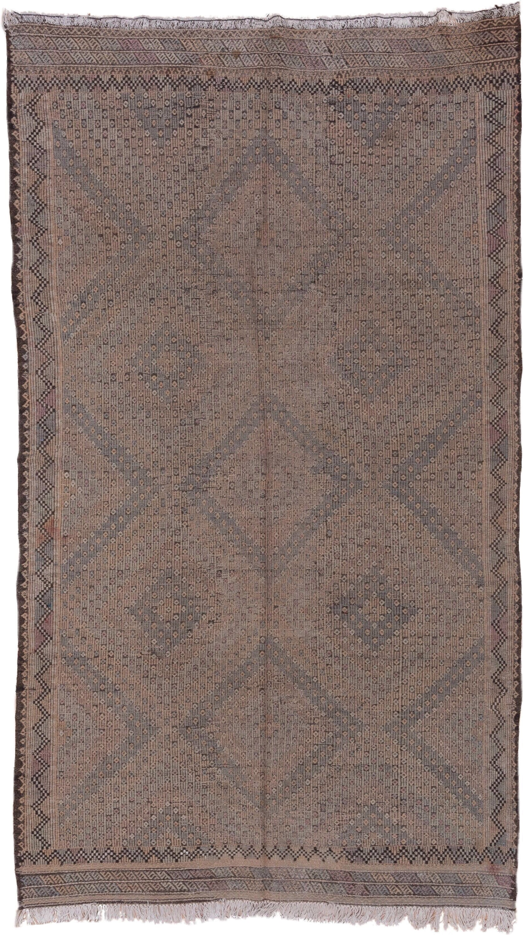 6' x 10' one-of-a-kind handmade vintage Jijim large size rug. Color palette: taupe, brown, charcoal, dusty rose, mauve