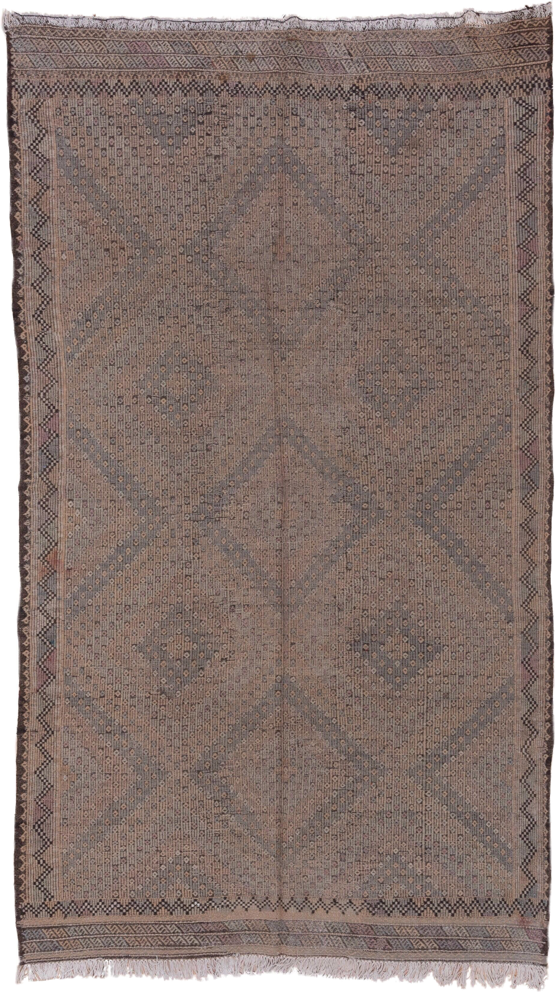 6' x 10' one-of-a-kind handmade vintage Jijim large size rug. Color palette: taupe, brown, charcoal, dusty rose, mauve