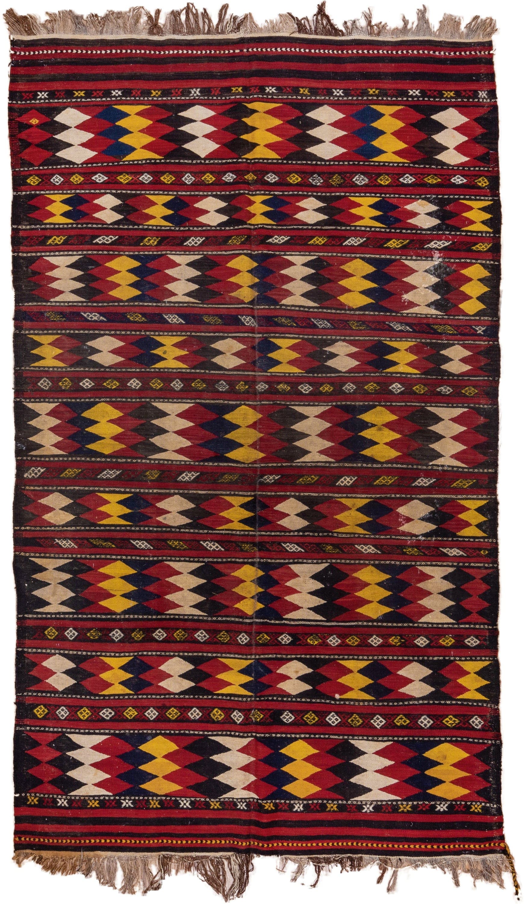 5' x 10' one-of-a-kind handmade vintage Kilim medium size rug. Color palette: crimson, ivory, gold, navy, charcoal, burgundy