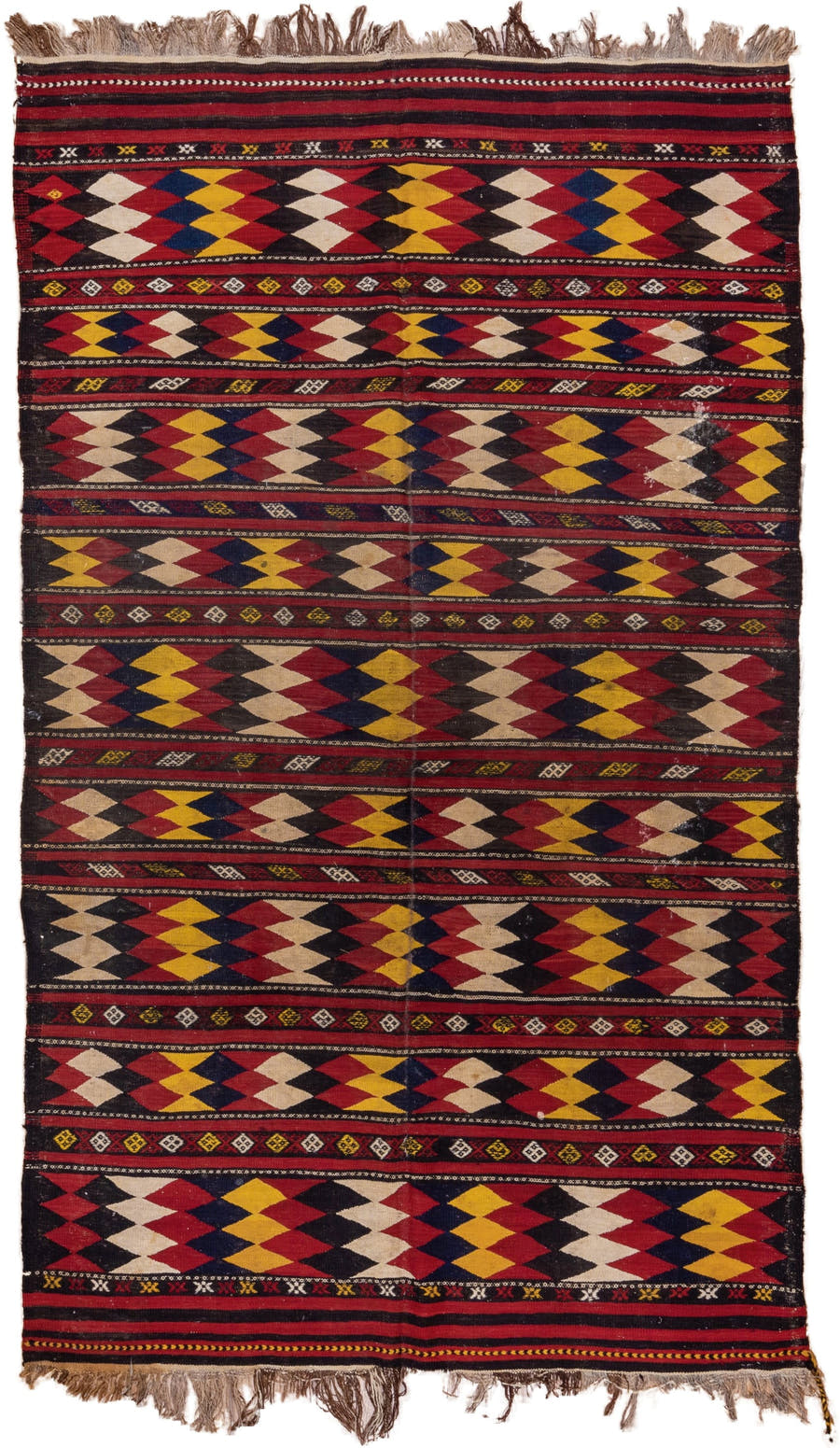 5' x 10' one-of-a-kind handmade vintage Kilim medium size rug. Color palette: crimson, ivory, gold, navy, charcoal, burgundy