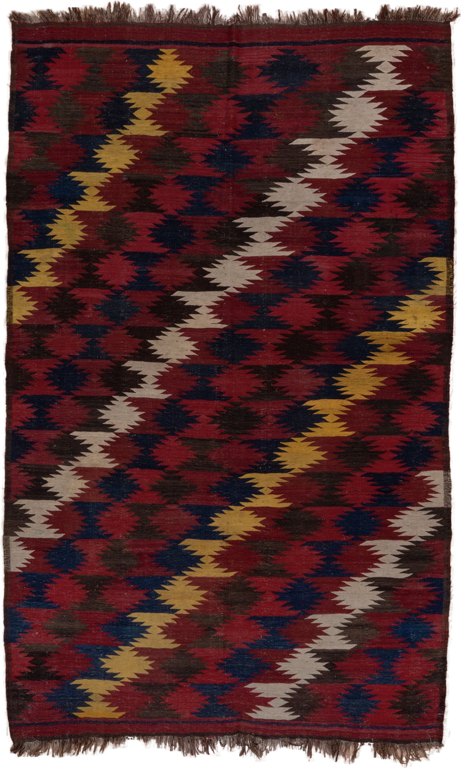 6' x 9' one-of-a-kind handmade vintage Kilim medium size rug. Color palette: red, navy, dark_brown, ivory, gold, blue, brown