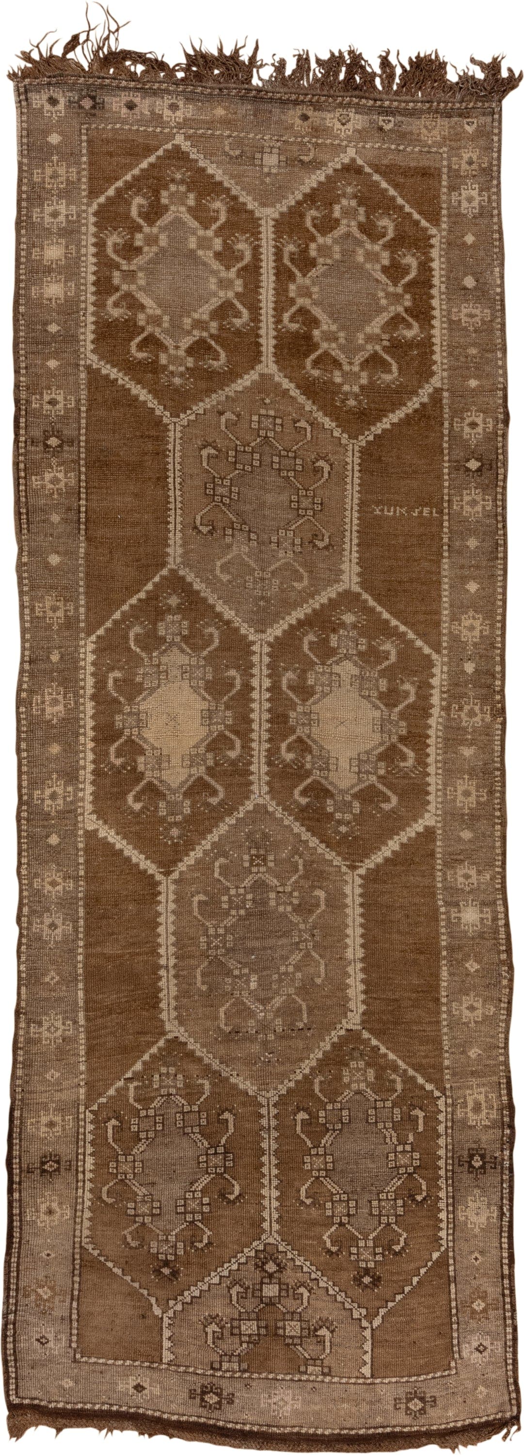 4' x 12' one-of-a-kind handmade vintage Kars runner rug. Color palette: brown, taupe, camel, ivory, beige, gray