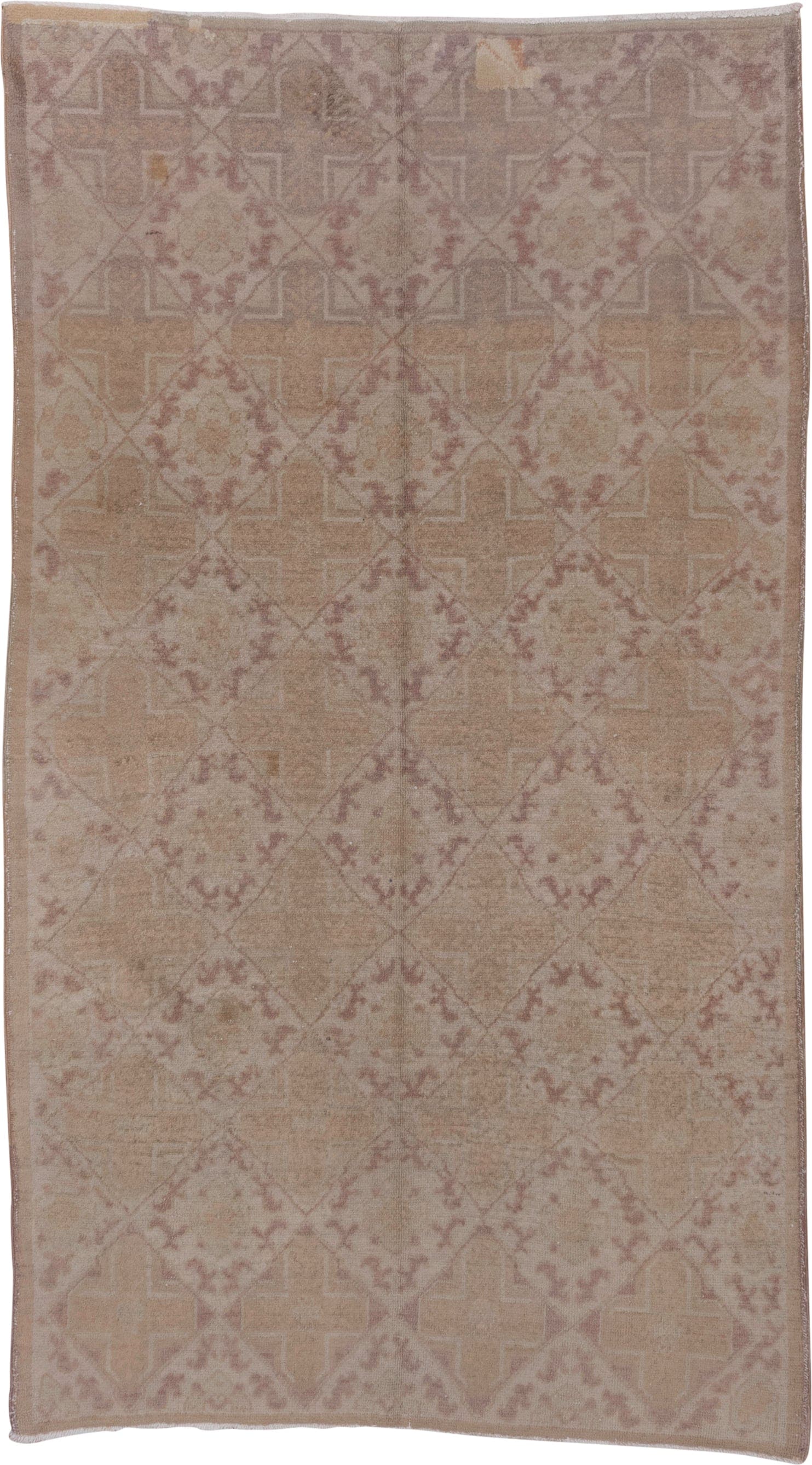 4' x 8' one-of-a-kind handmade vintage Oushak rug. Color palette: beige, taupe, blush, dusty rose, ivory, gray, pink