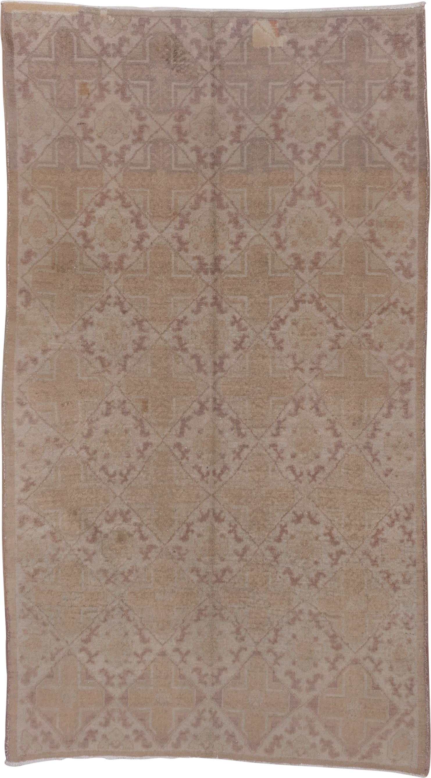 4' x 8' one-of-a-kind handmade vintage Oushak rug. Color palette: beige, taupe, blush, dusty rose, ivory, gray, pink