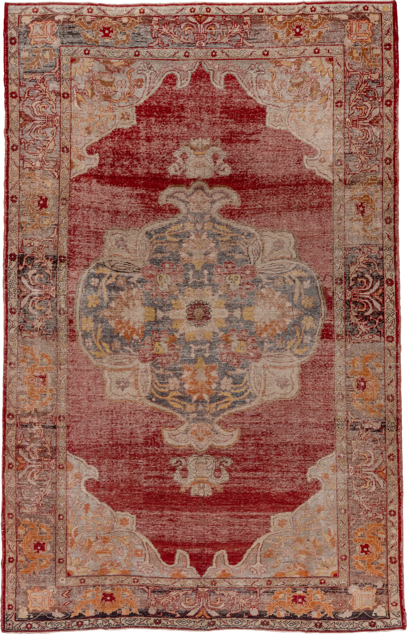 9' x 14' one-of-a-kind handmade vintage Oushak large size rug. Color palette: red, ivory, slate, gold, rust, peach, taupe