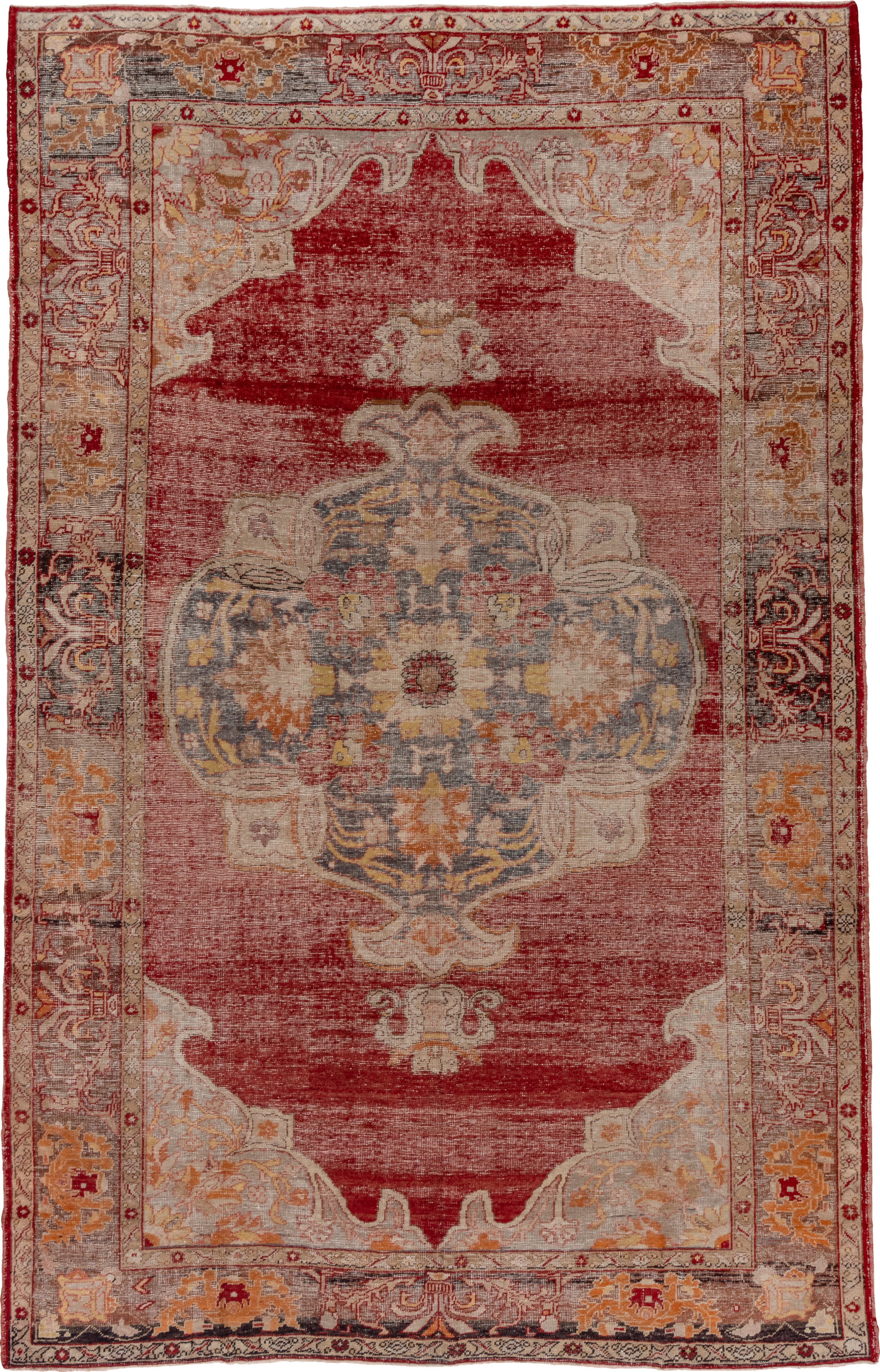 9' x 14' one-of-a-kind handmade vintage Oushak large size rug. Color palette: red, ivory, slate, gold, rust, peach, taupe