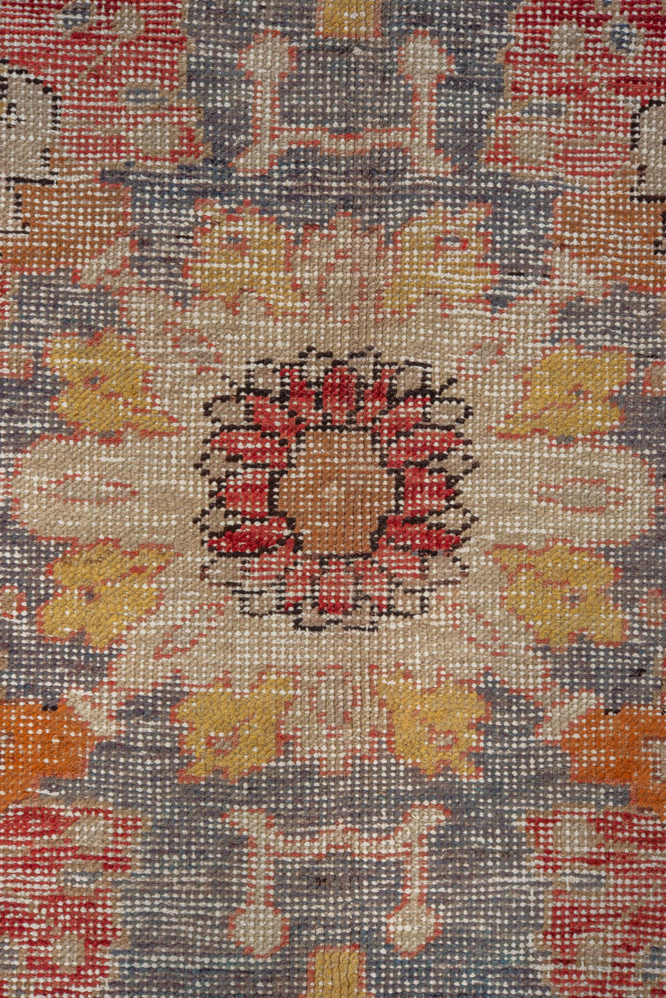 9' x 14' one-of-a-kind handmade vintage Oushak large size rug. Color palette: red, ivory, slate, gold, rust, peach, taupe