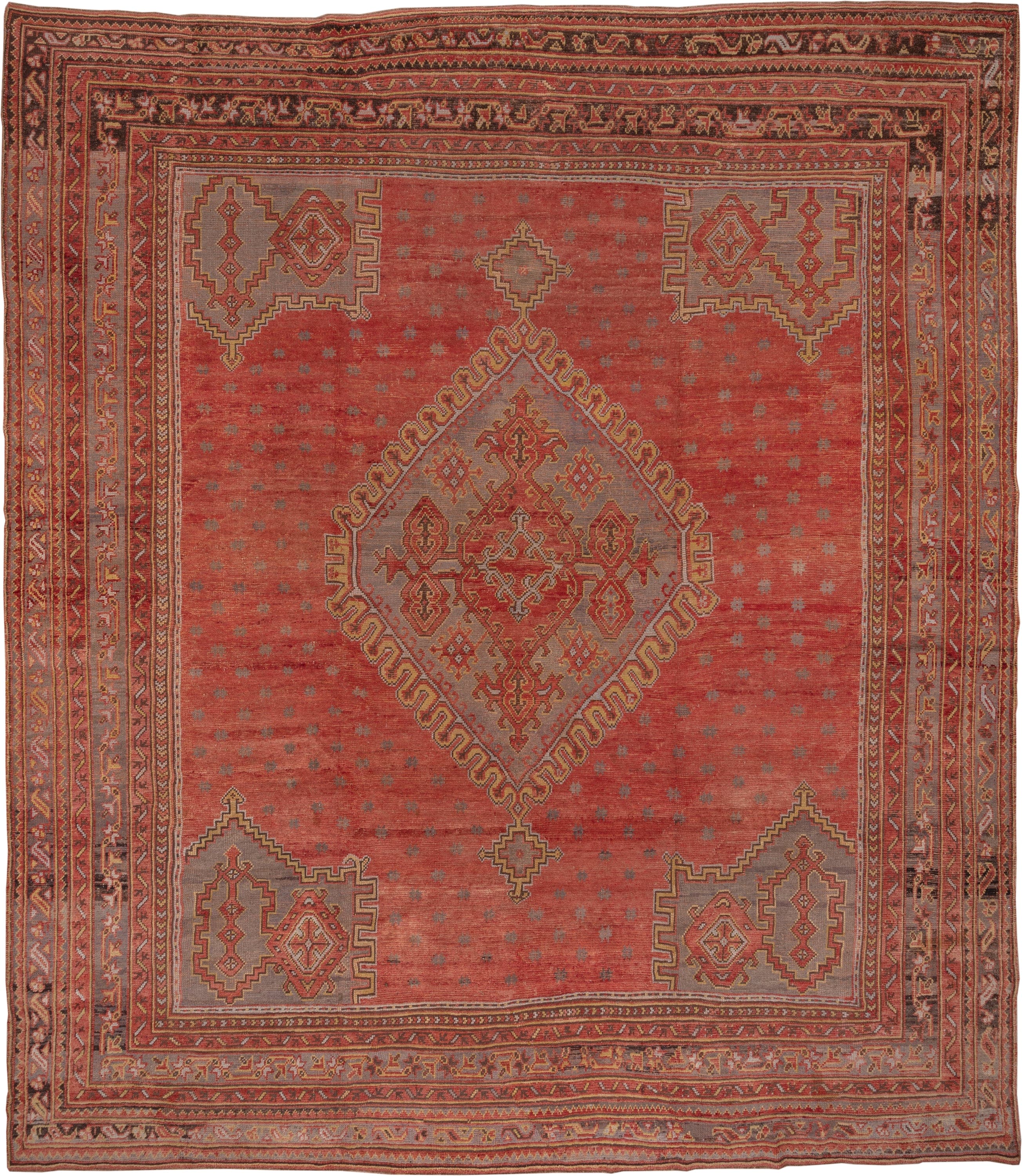 13' x 15' one-of-a-kind handmade vintage Oushak oversize rug. Color palette: terra cotta, rust, taupe, rose, burgundy, gold