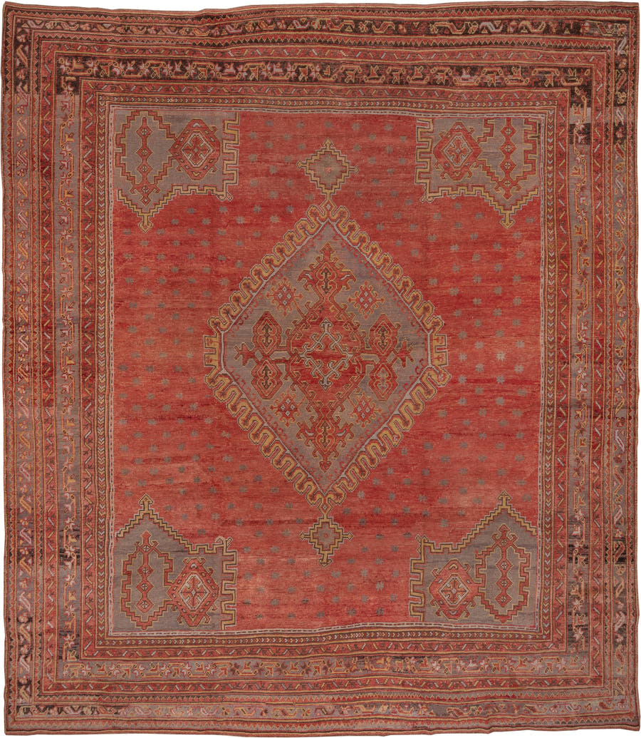 13' x 15' one-of-a-kind handmade vintage Oushak oversize rug. Color palette: terra cotta, rust, taupe, rose, burgundy, gold