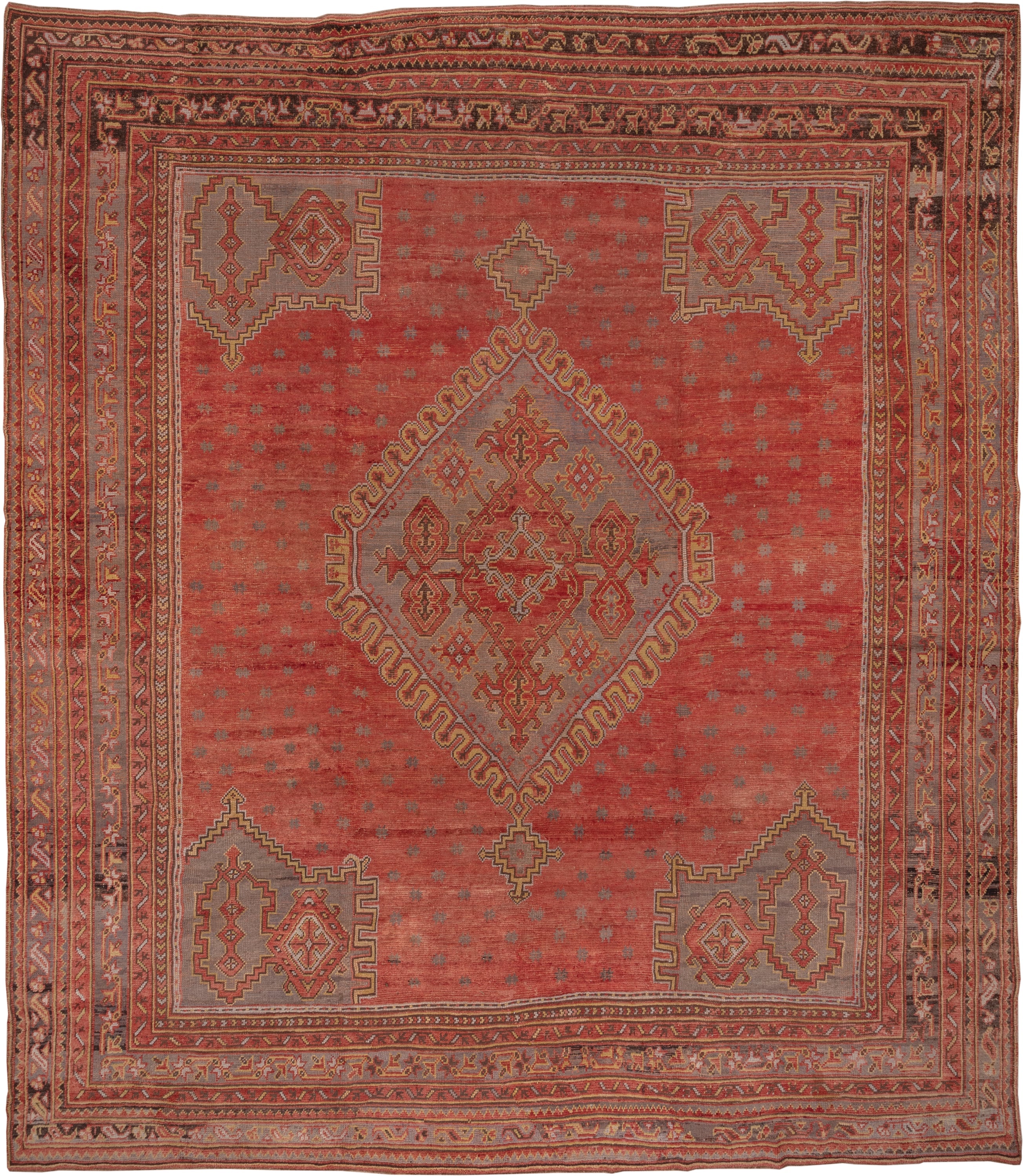 13' x 15' one-of-a-kind handmade vintage Oushak oversize rug. Color palette: terra cotta, rust, taupe, rose, burgundy, gold