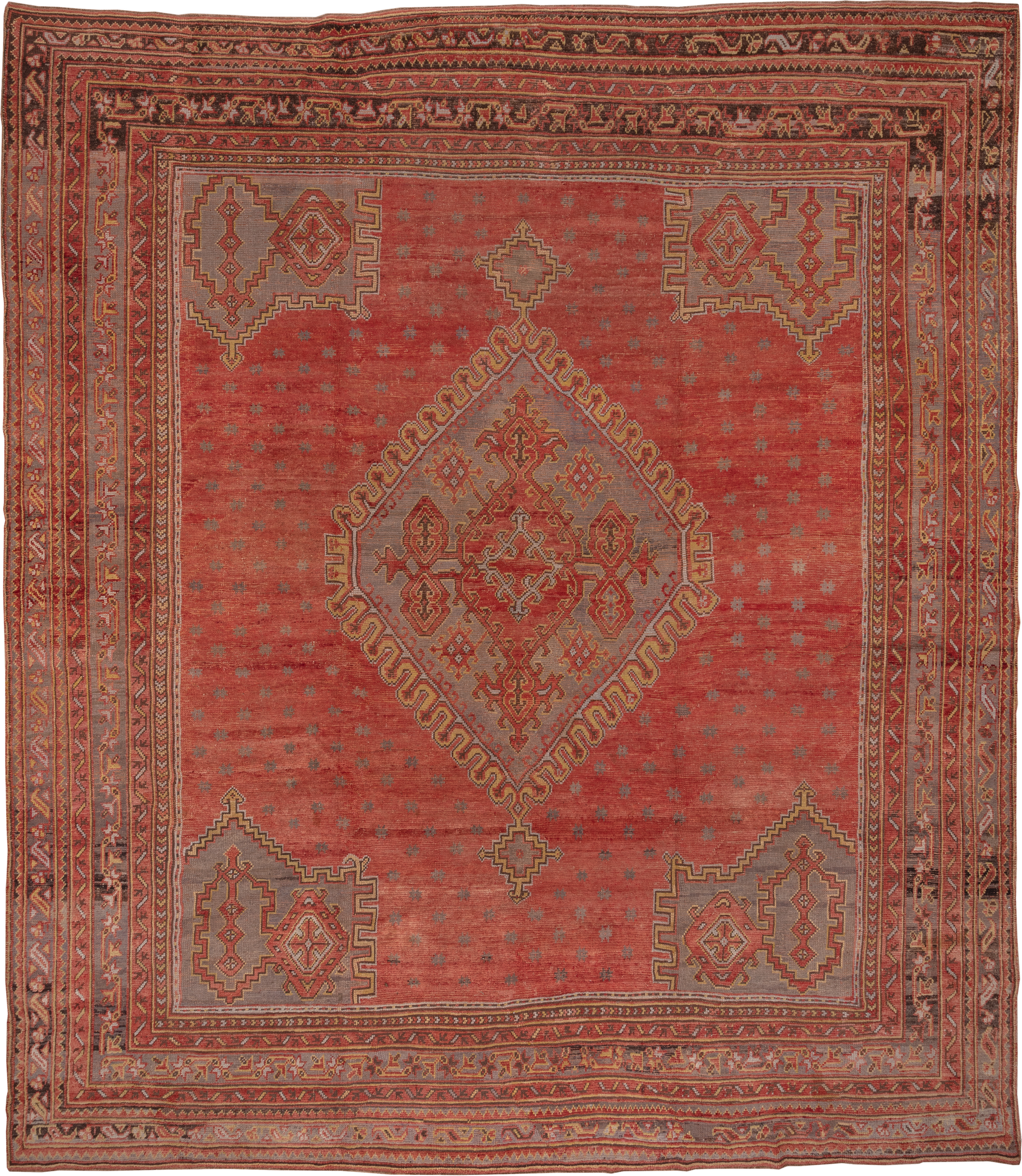 13' x 15' one-of-a-kind handmade vintage Oushak oversize rug. Color palette: terra cotta, rust, taupe, rose, burgundy, gold