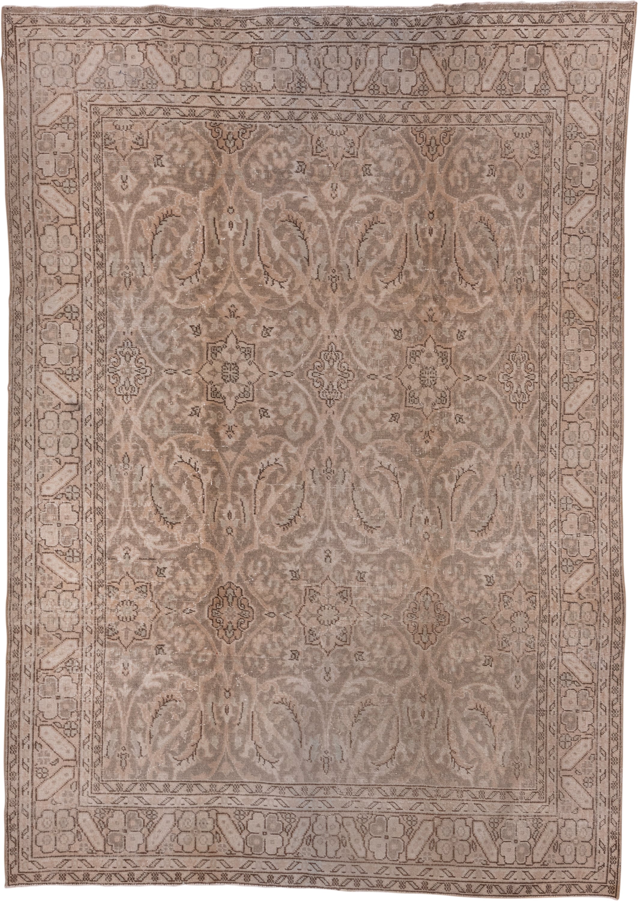 6' x 9' one-of-a-kind handmade vintage Oushak medium size rug. Color palette: taupe, beige, ivory, camel, brown, gray