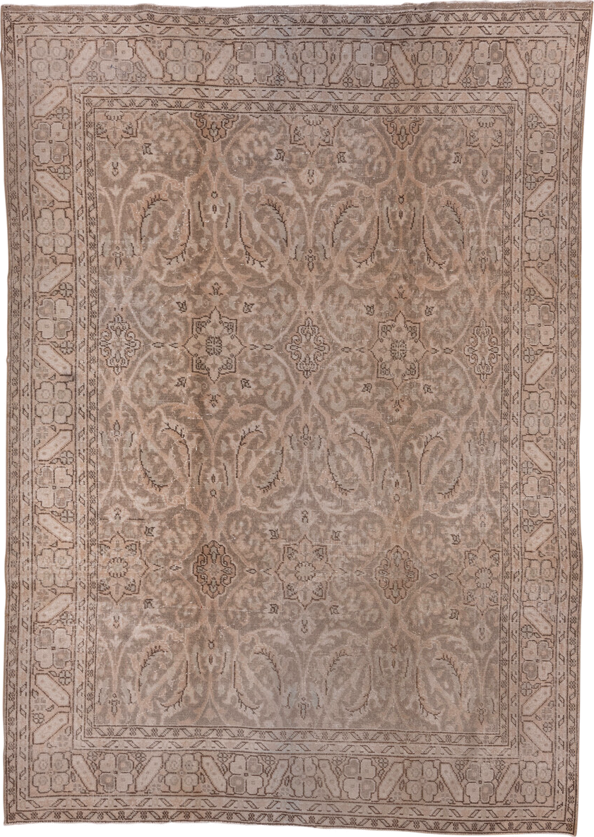 6' x 9' one-of-a-kind handmade vintage Oushak medium size rug. Color palette: taupe, beige, ivory, camel, brown, gray