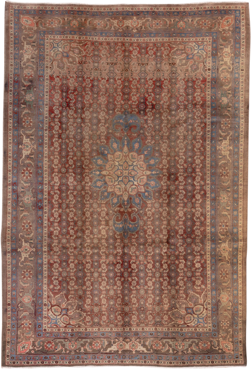 6' x 9' one-of-a-kind handmade vintage Bidjar medium size rug. Color palette: rust, taupe, slate blue, camel, ivory, brown