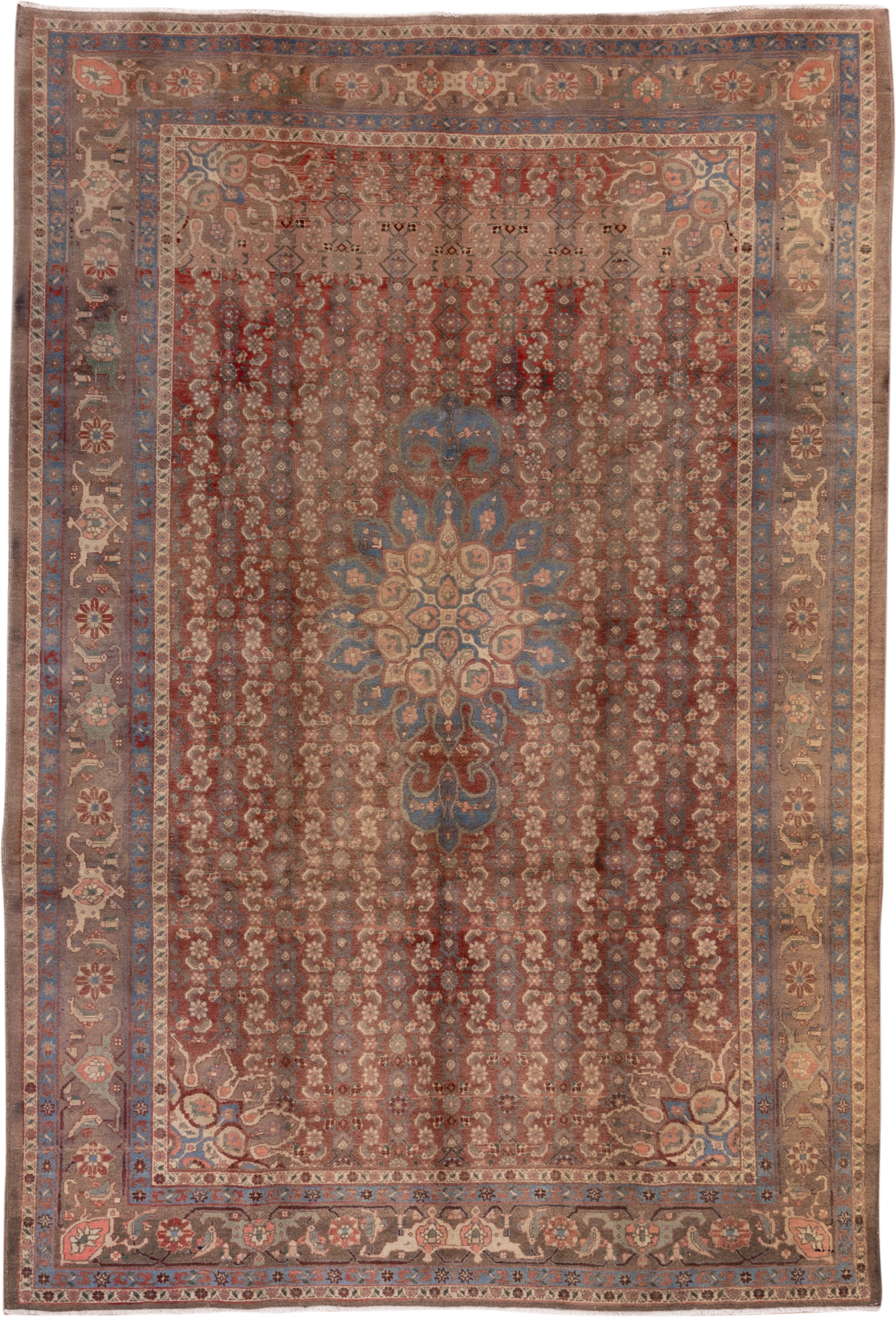 6' x 9' one-of-a-kind handmade vintage Bidjar medium size rug. Color palette: rust, taupe, slate blue, camel, ivory, brown