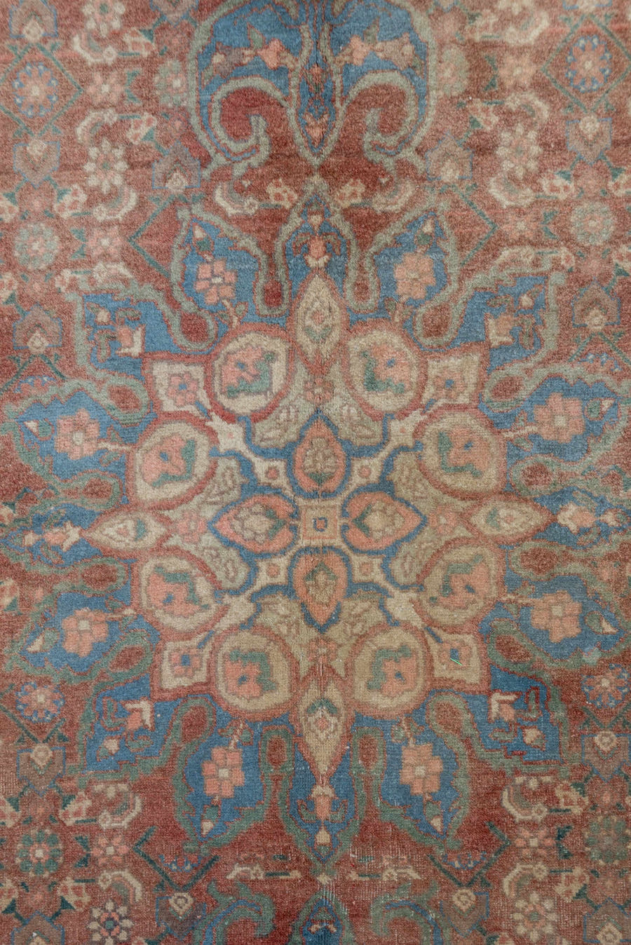6' x 9' one-of-a-kind handmade vintage Bidjar medium size rug. Color palette: rust, taupe, slate blue, camel, ivory, brown