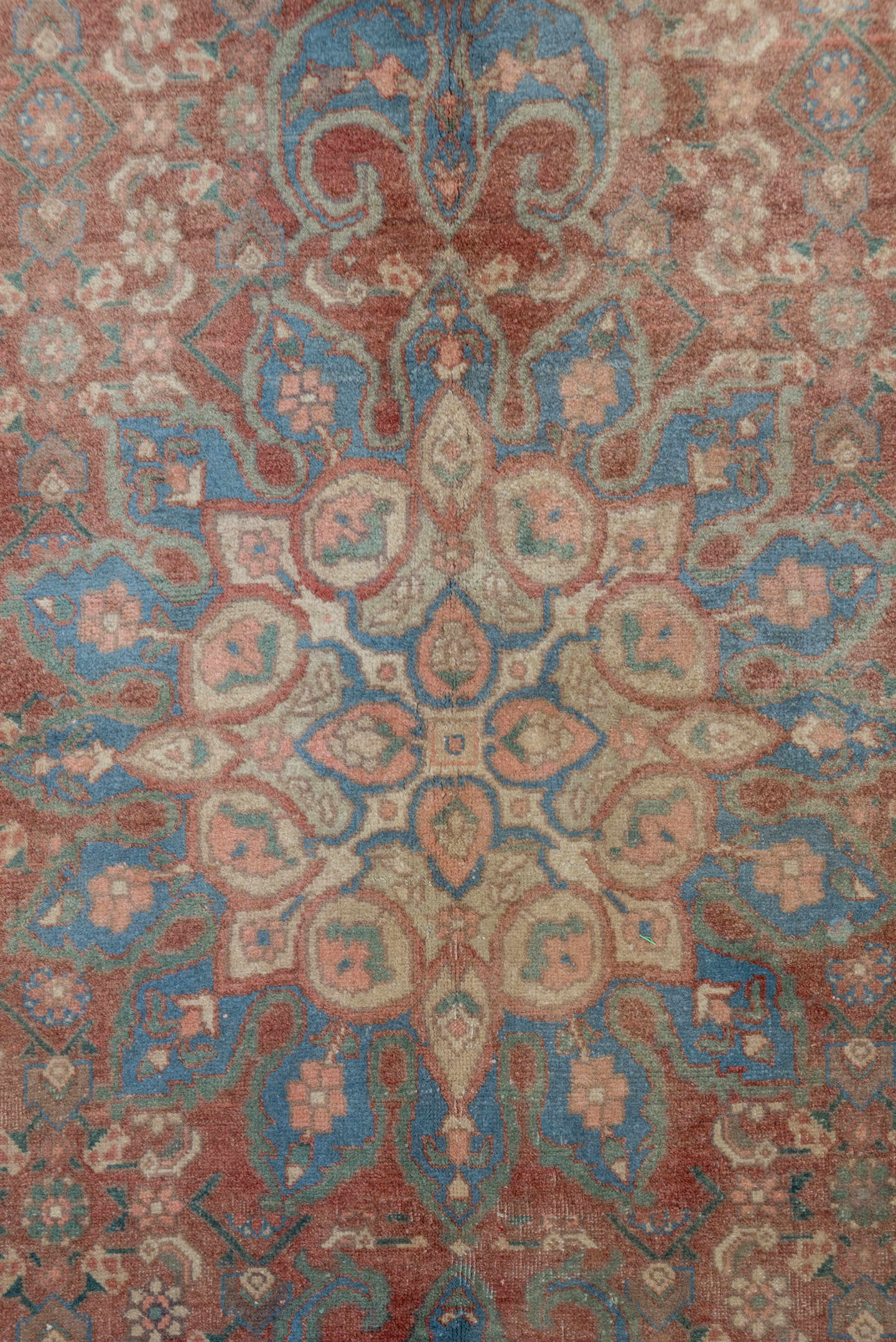 6' x 9' one-of-a-kind handmade vintage Bidjar medium size rug. Color palette: rust, taupe, slate blue, camel, ivory, brown