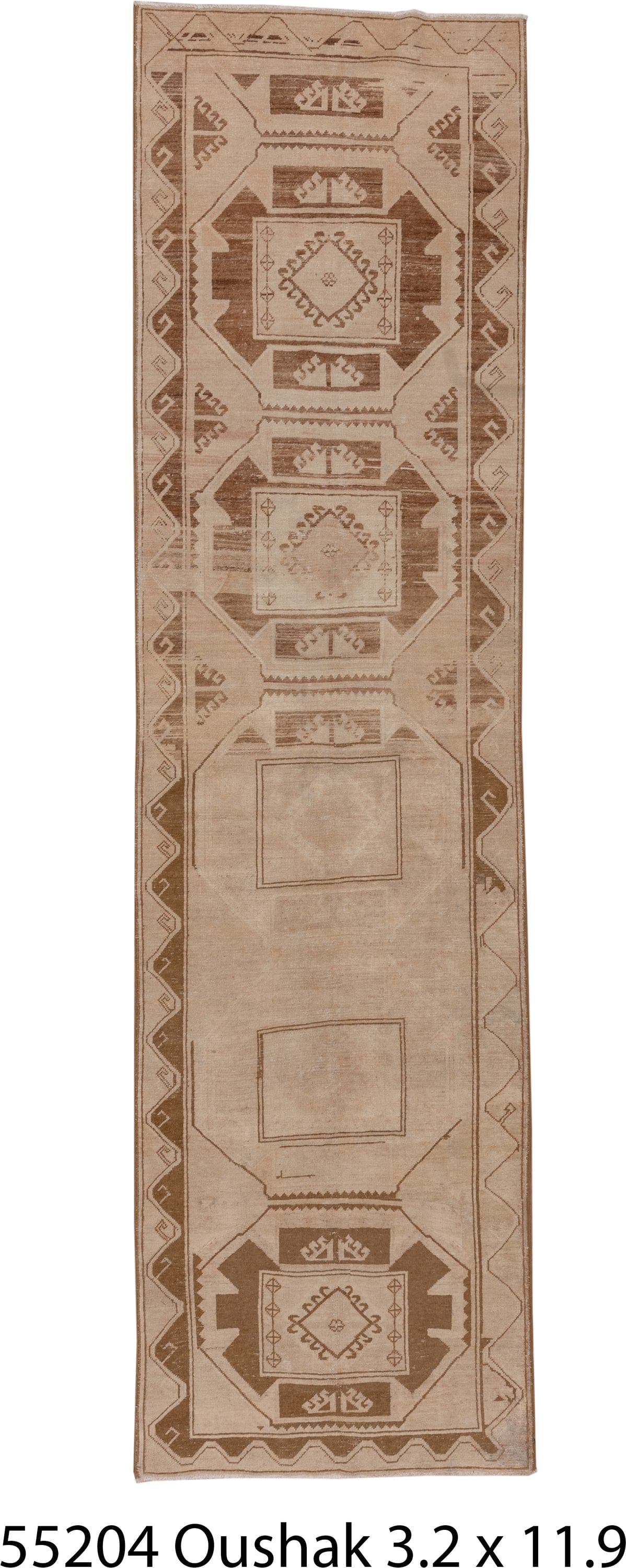 3' x 11' one-of-a-kind handmade vintage Oushak runner rug. Color palette: beige, camel, taupe, sand, brown, ivory, gray