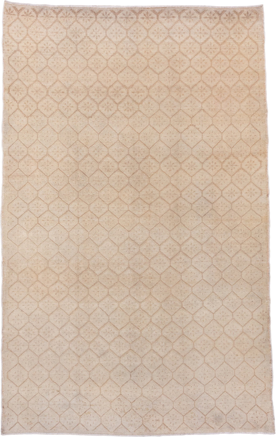 6' x 9' one-of-a-kind handmade vintage Oushak medium size rug. Color palette: ivory, beige, taupe, sand, gray