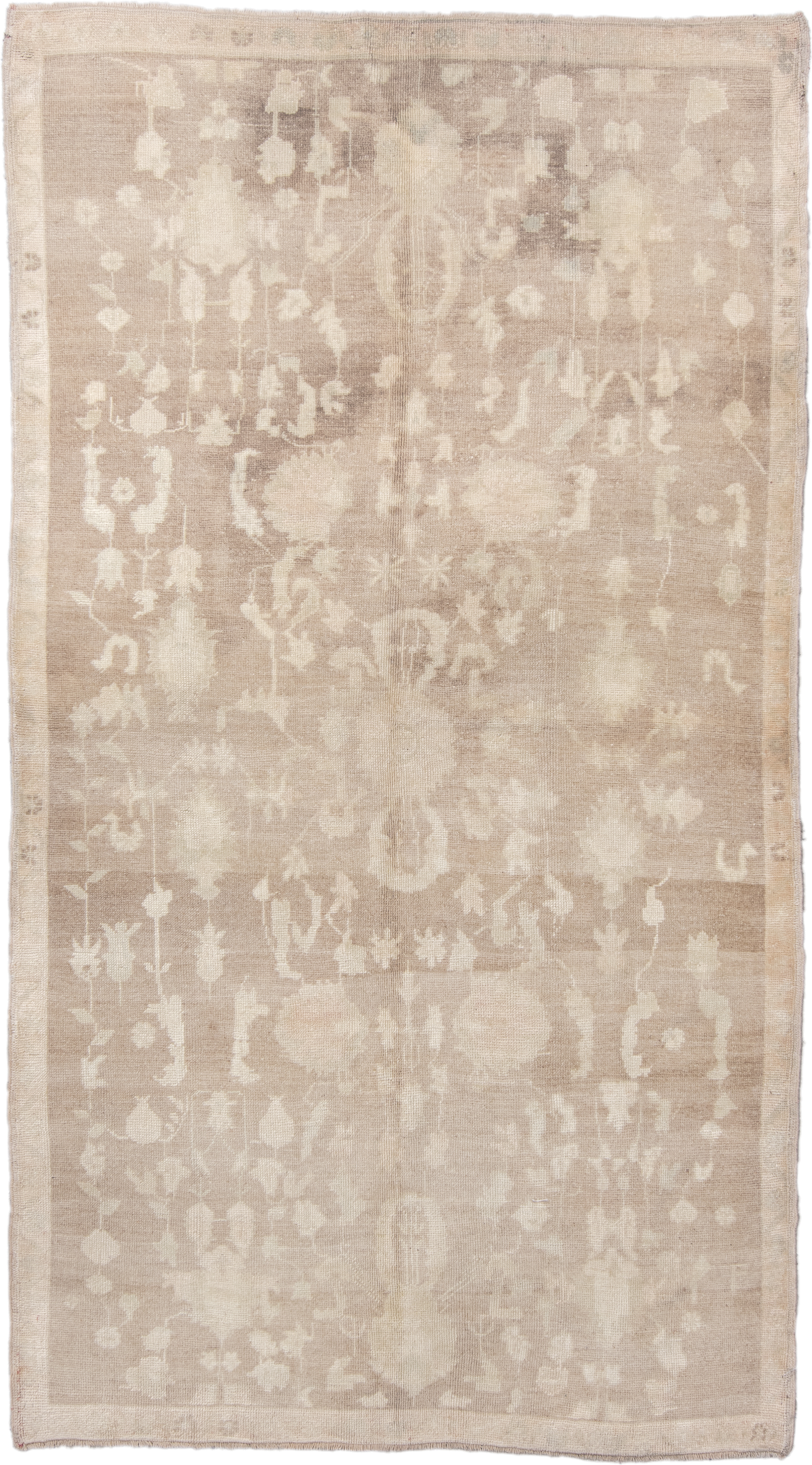 4' x 8' one-of-a-kind handmade vintage Oushak rug. Color palette: beige, ivory, taupe, cream, gray