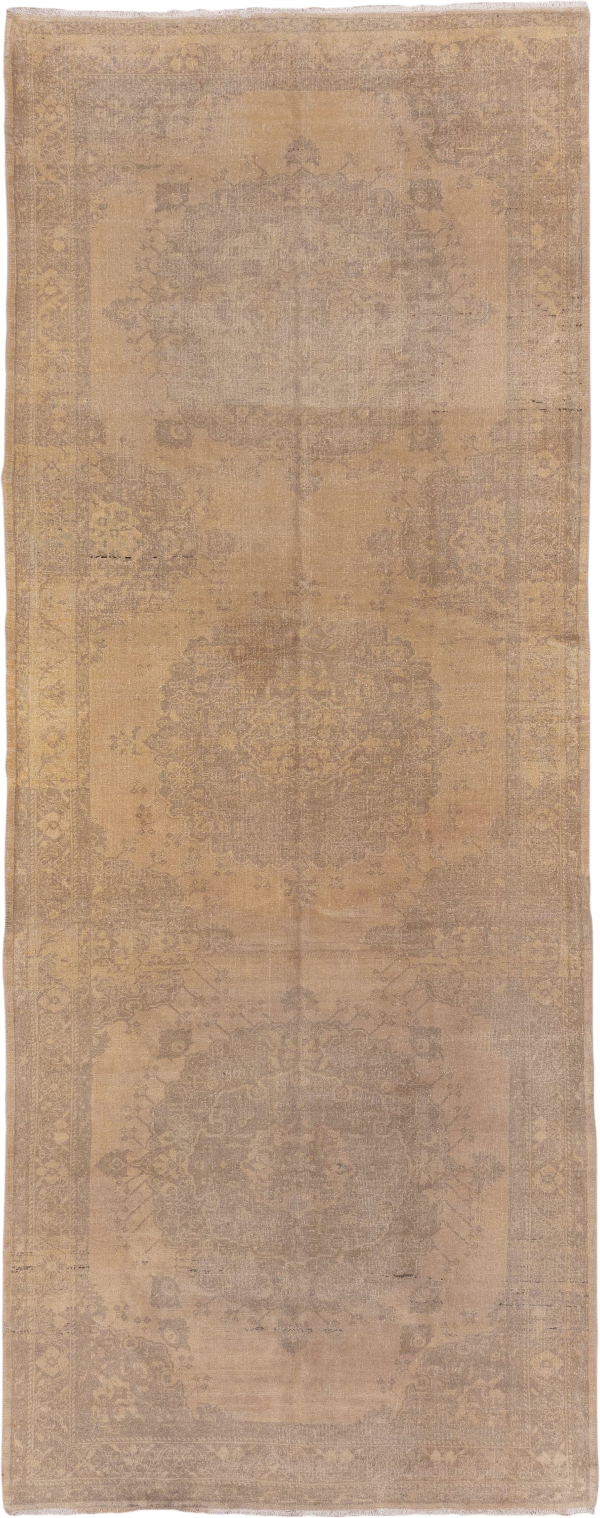5' x 14' one-of-a-kind handmade vintage Oushak rug. Color palette: taupe, beige, sand, ivory, camel, greige, gray