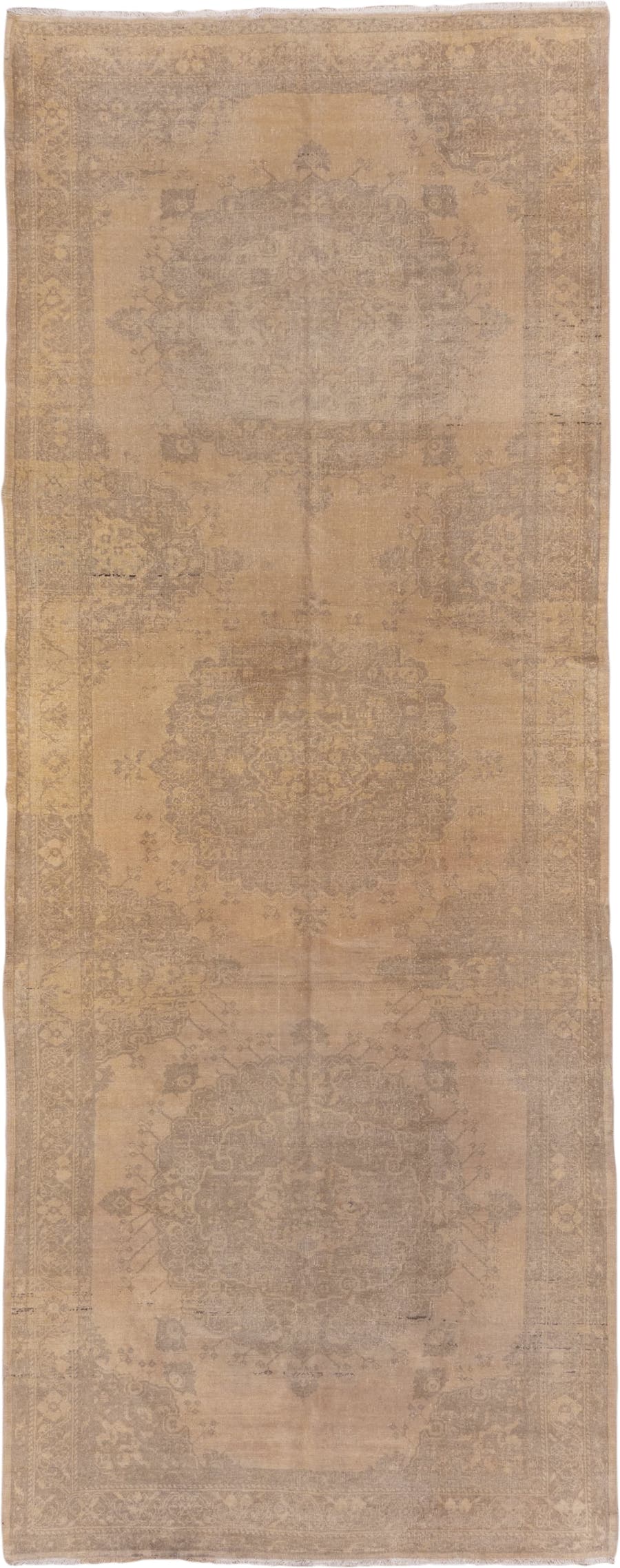 5' x 14' one-of-a-kind handmade vintage Oushak rug. Color palette: taupe, beige, sand, ivory, camel, greige, gray