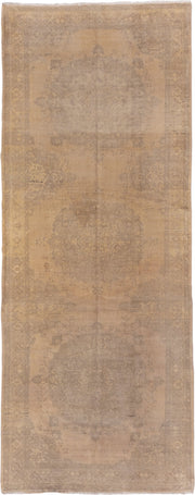 5' x 14' one-of-a-kind handmade vintage Oushak rug. Color palette: taupe, beige, sand, ivory, camel, greige, gray