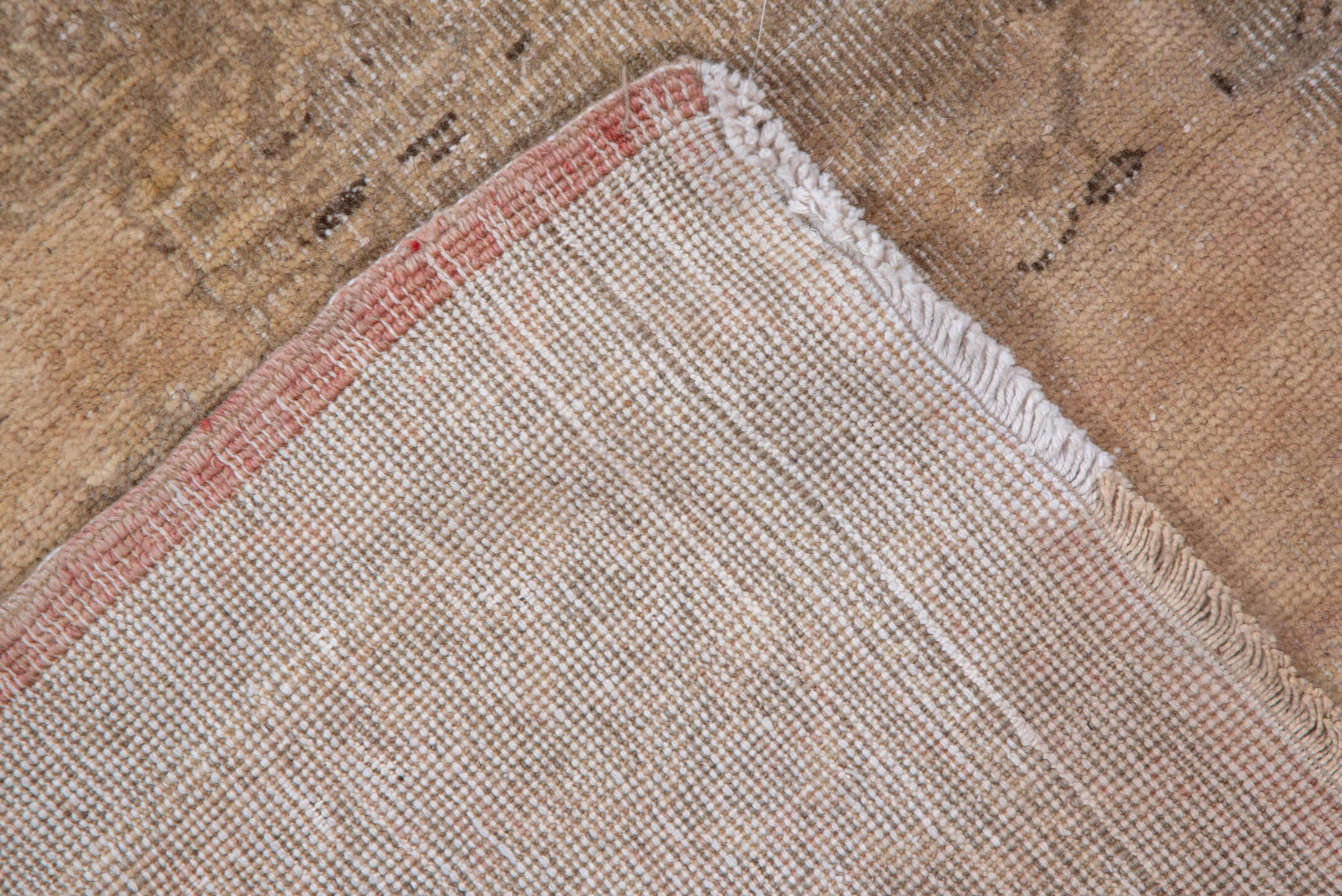 5' x 14' one-of-a-kind handmade vintage Oushak rug. Color palette: brown, gray, light gray, off-white, orange, pink, snow