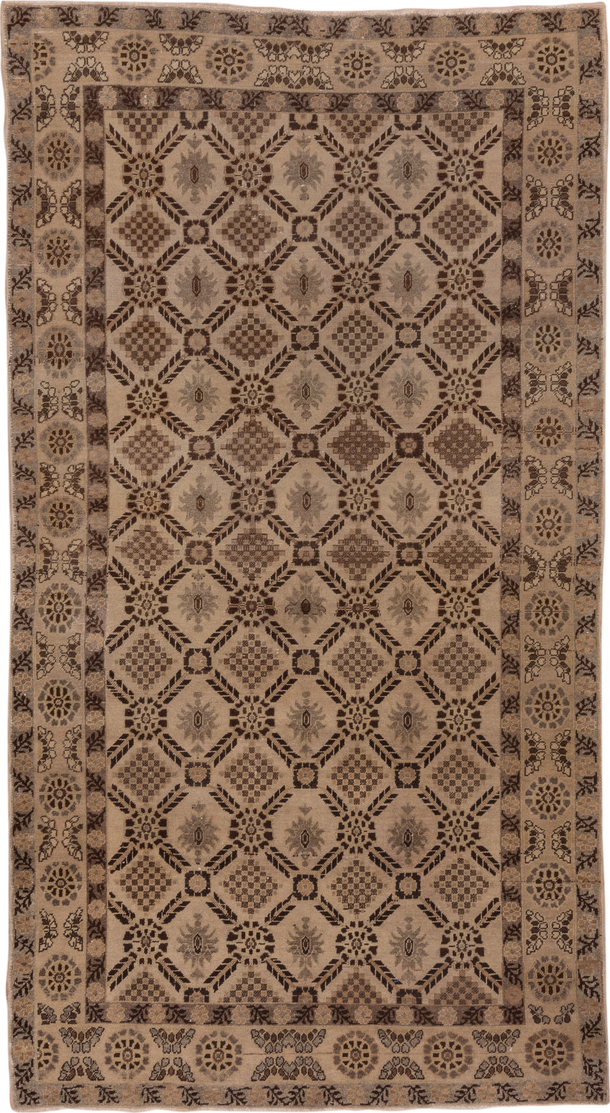 5' x 10' one-of-a-kind handmade vintage Oushak medium size rug. Color palette: taupe, camel, brown, ivory, charcoal, beige