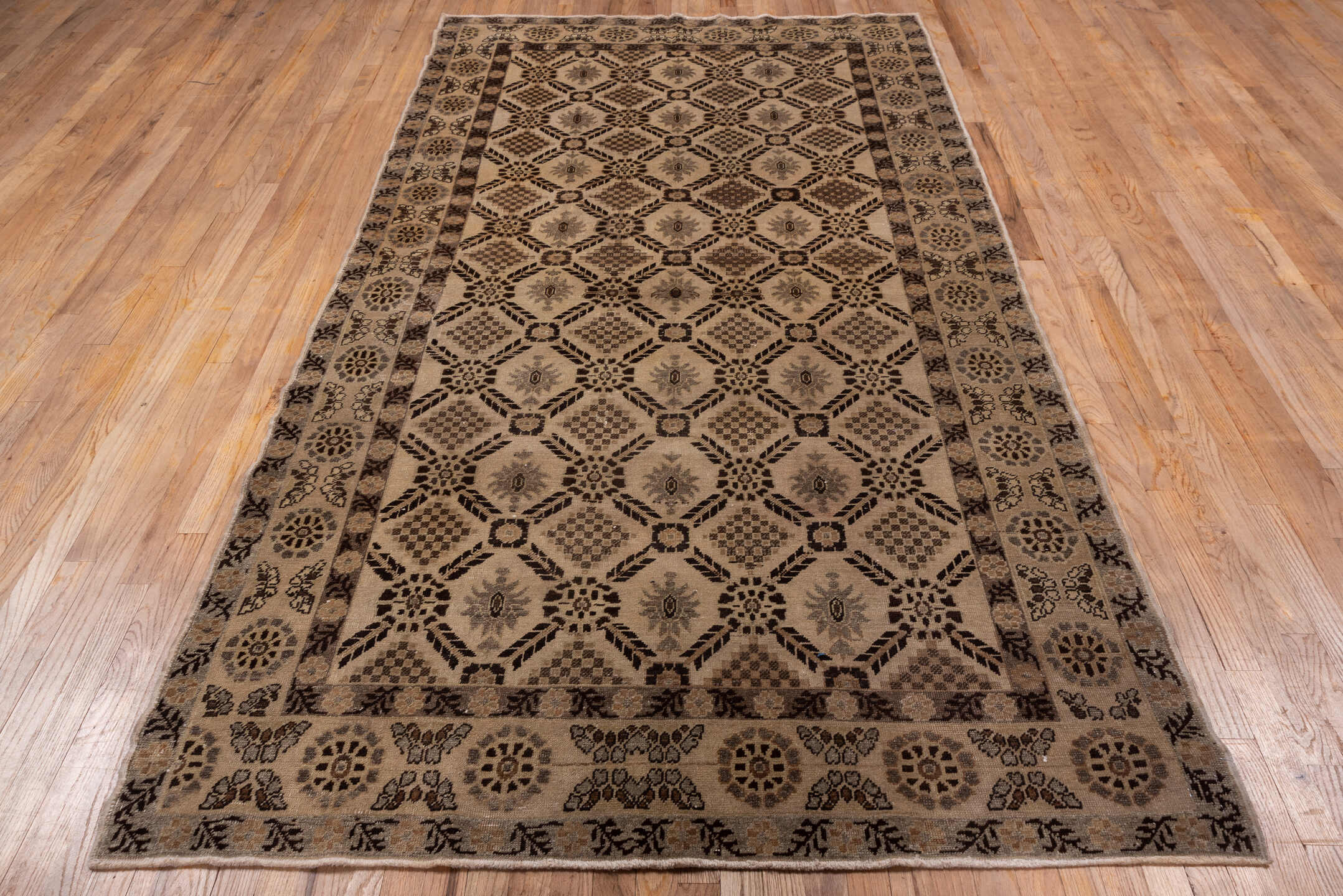 5' x 10' one-of-a-kind handmade vintage Oushak medium size rug. Color palette: taupe, camel, brown, ivory, charcoal, beige