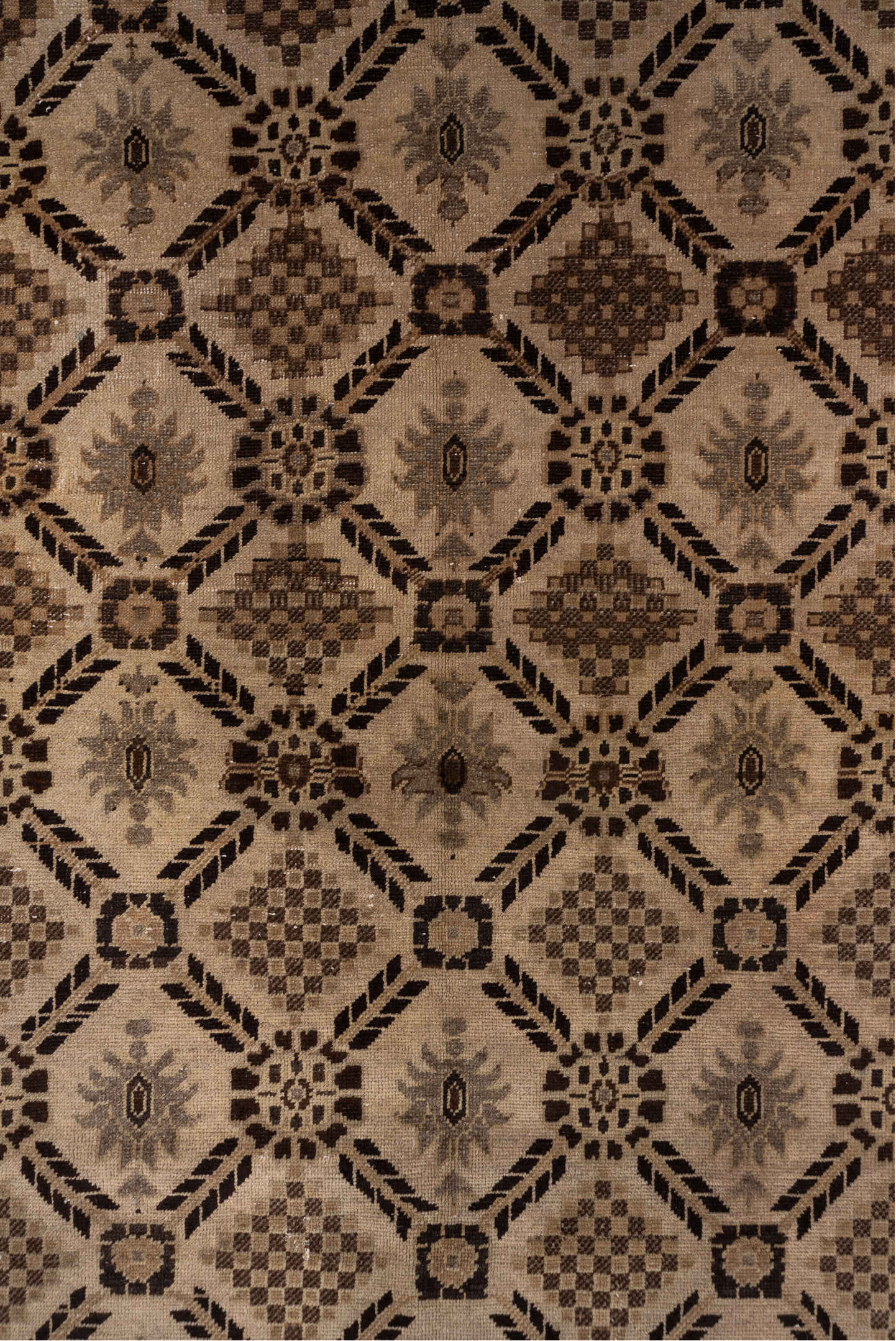 5' x 10' one-of-a-kind handmade vintage Oushak medium size rug. Color palette: taupe, camel, brown, ivory, charcoal, beige