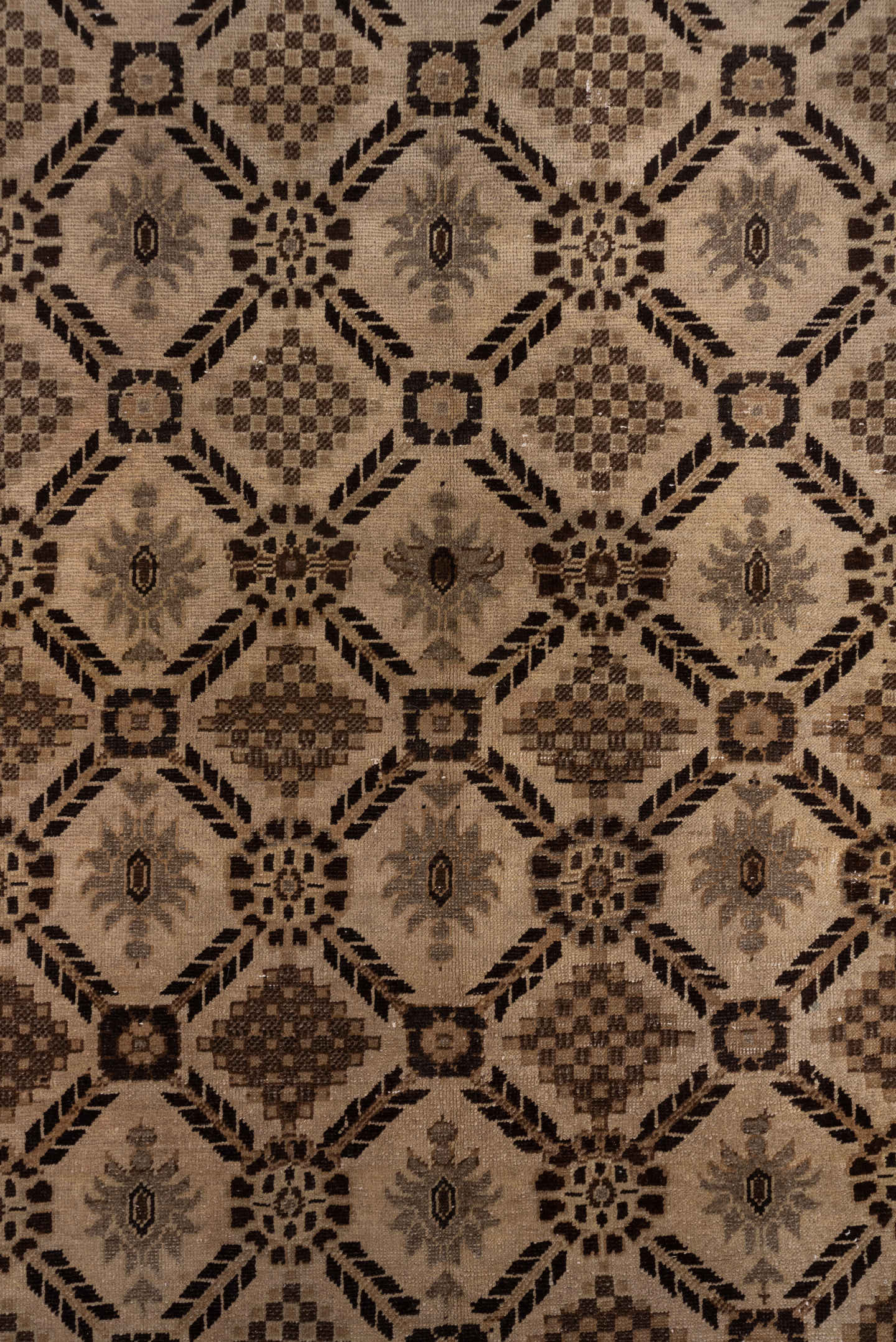 5' x 10' one-of-a-kind handmade vintage Oushak medium size rug. Color palette: taupe, camel, brown, ivory, charcoal, beige
