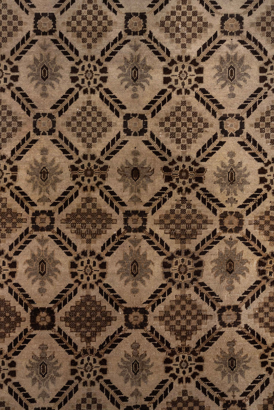 5' x 10' one-of-a-kind handmade vintage Oushak medium size rug. Color palette: taupe, camel, brown, ivory, charcoal, beige