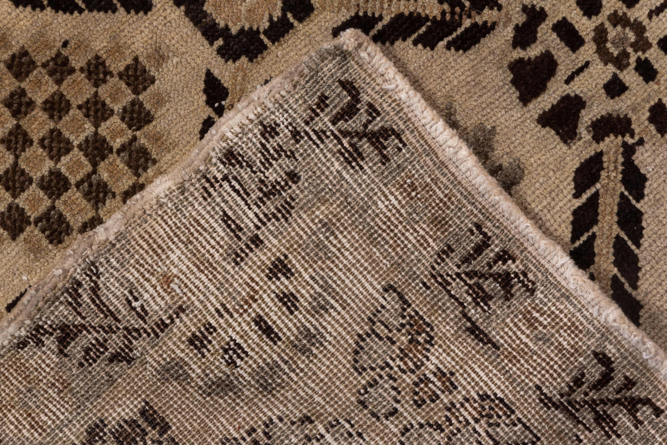 5' x 10' one-of-a-kind handmade vintage Oushak medium size rug. Color palette: taupe, camel, brown, ivory, charcoal, beige