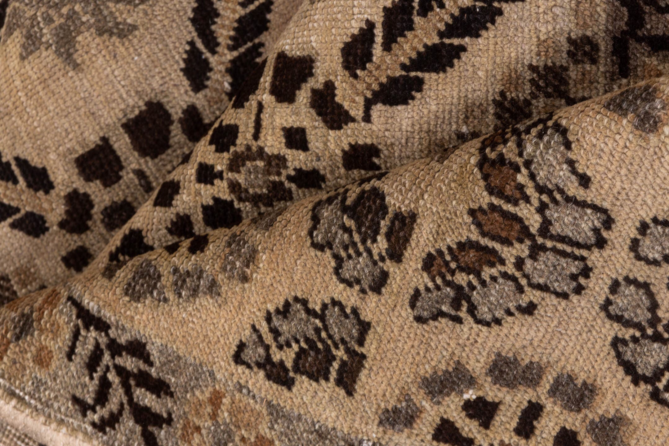 5' x 10' one-of-a-kind handmade vintage Oushak medium size rug. Color palette: taupe, camel, brown, ivory, charcoal, beige