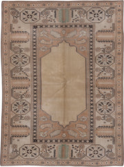 6' x 8' one-of-a-kind handmade vintage Oushak medium size rug. Color palette: camel, blush, ivory, charcoal, sage, taupe