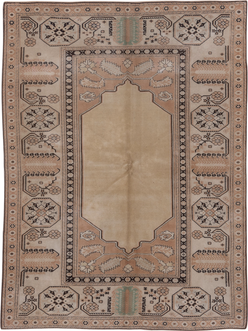 6' x 8' one-of-a-kind handmade vintage Oushak medium size rug. Color palette: camel, blush, ivory, charcoal, sage, taupe