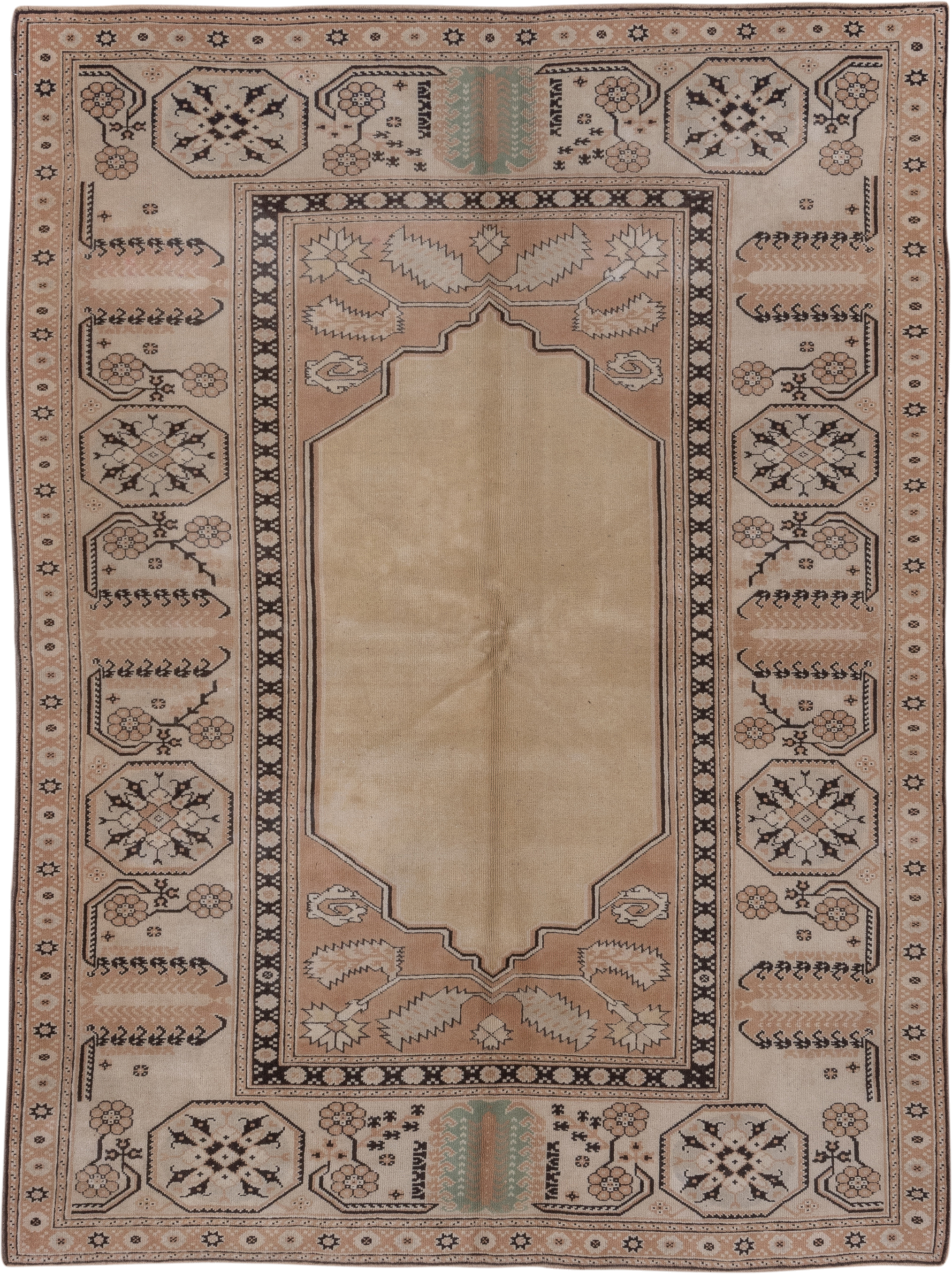 6' x 8' one-of-a-kind handmade vintage Oushak medium size rug. Color palette: camel, blush, ivory, charcoal, sage, taupe