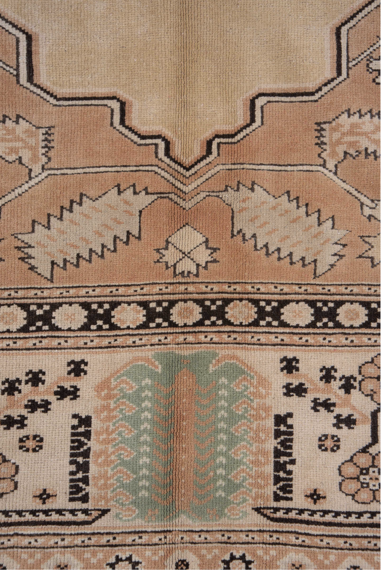 6' x 8' one-of-a-kind handmade vintage Oushak medium size rug. Color palette: camel, blush, ivory, charcoal, sage, taupe