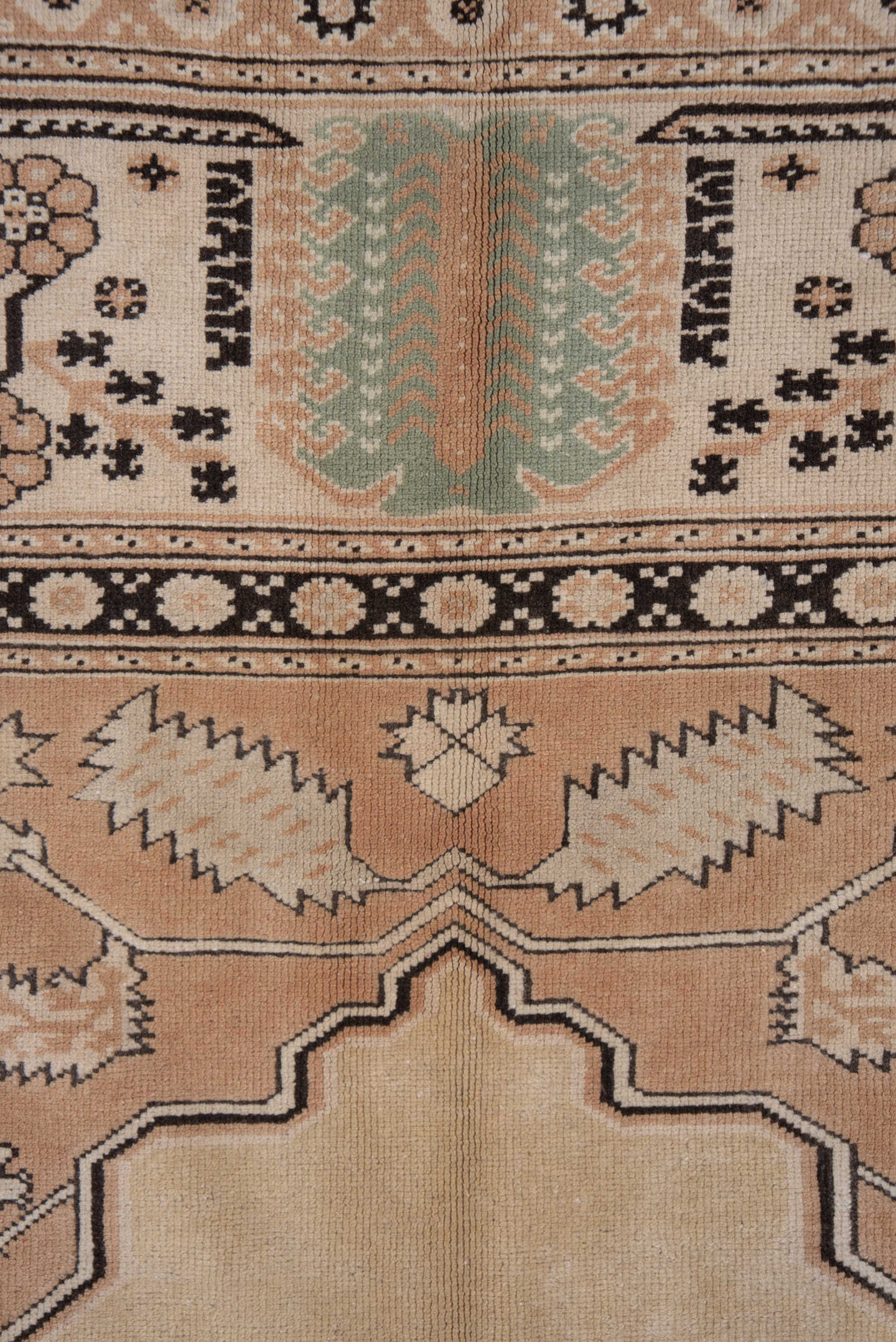 6' x 8' one-of-a-kind handmade vintage Oushak medium size rug. Color palette: camel, blush, ivory, charcoal, sage, taupe