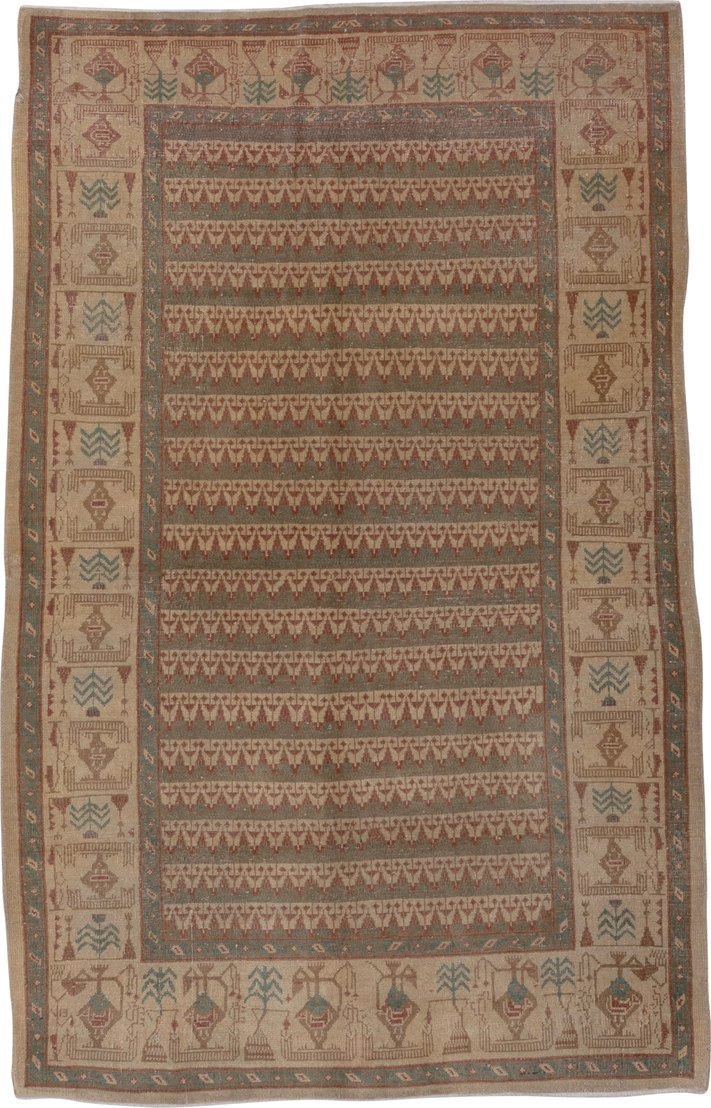 5' x 7' one-of-a-kind handmade vintage Oushak rug. Color palette: ivory, taupe, rust, teal, camel, sage, brown, beige, gray
