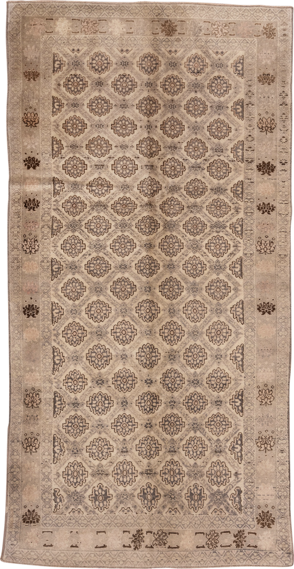 5' x 10' one-of-a-kind handmade vintage Konya medium size rug. Color palette: beige, taupe, brown, ivory, camel, charcoal