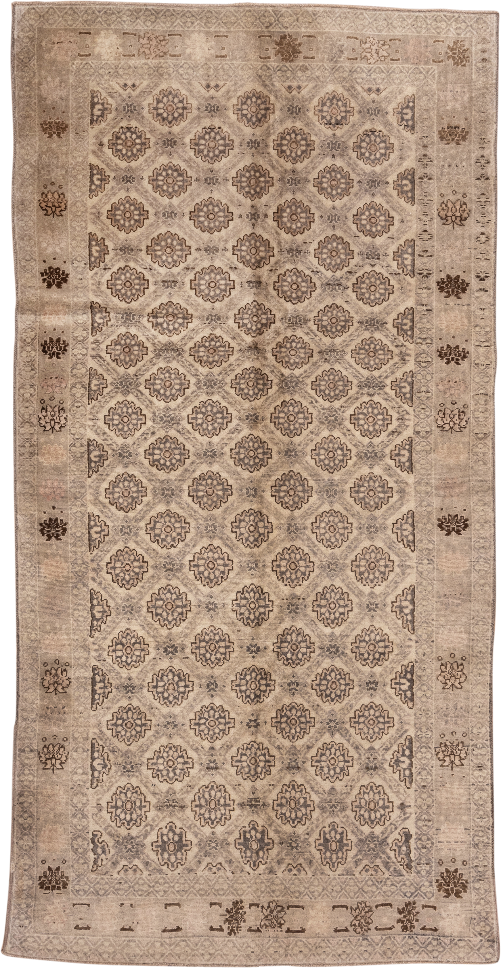 5' x 10' one-of-a-kind handmade vintage Konya medium size rug. Color palette: beige, taupe, brown, ivory, camel, charcoal